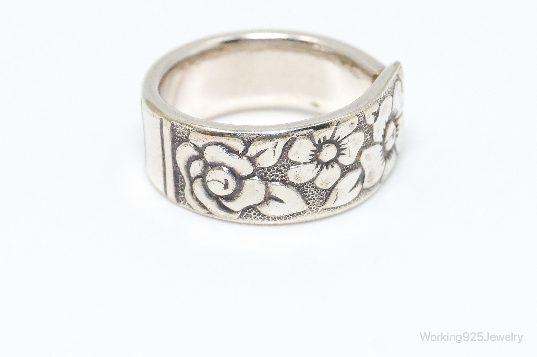 Antique Repousse Floral Wrap Sterling Silver Spoon Ring - Size 5.75