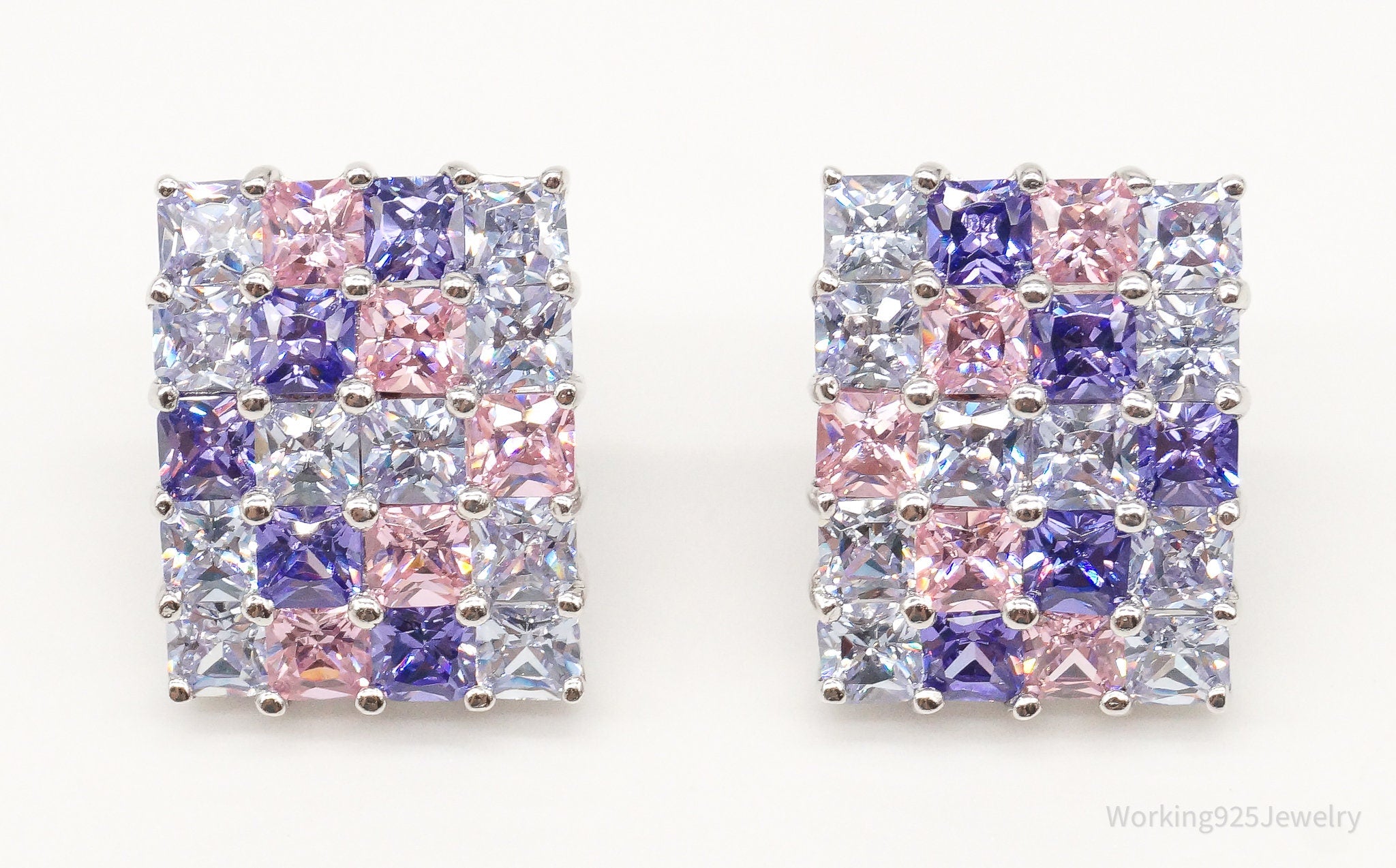 Vintage Designer White Pink & Purple Cubic Zirconia Sterling Silver Earrings