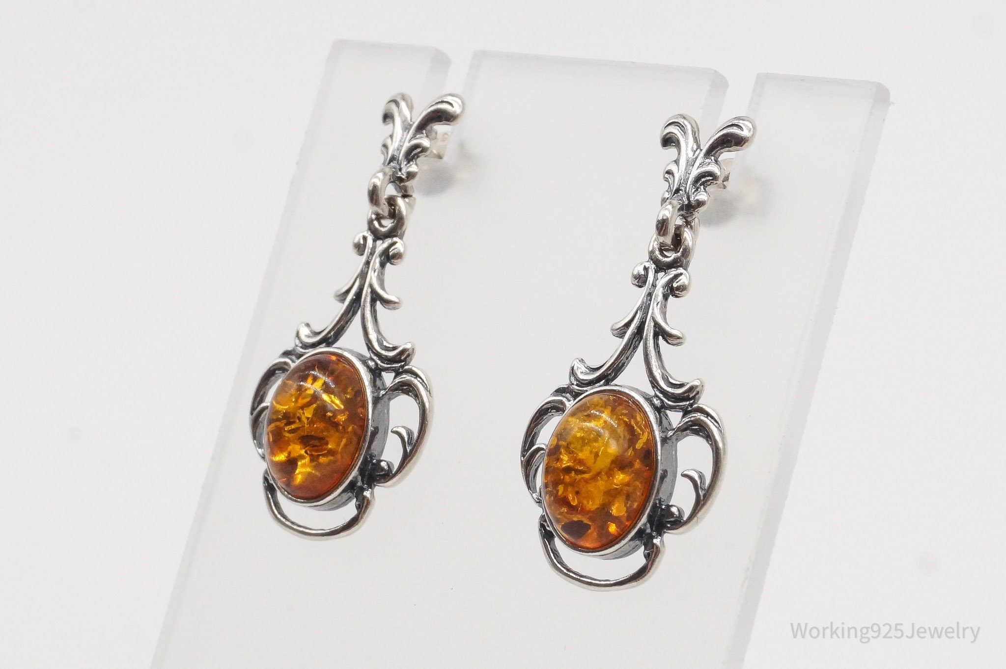 Vintage Amber Modernist Sterling Silver Earrings