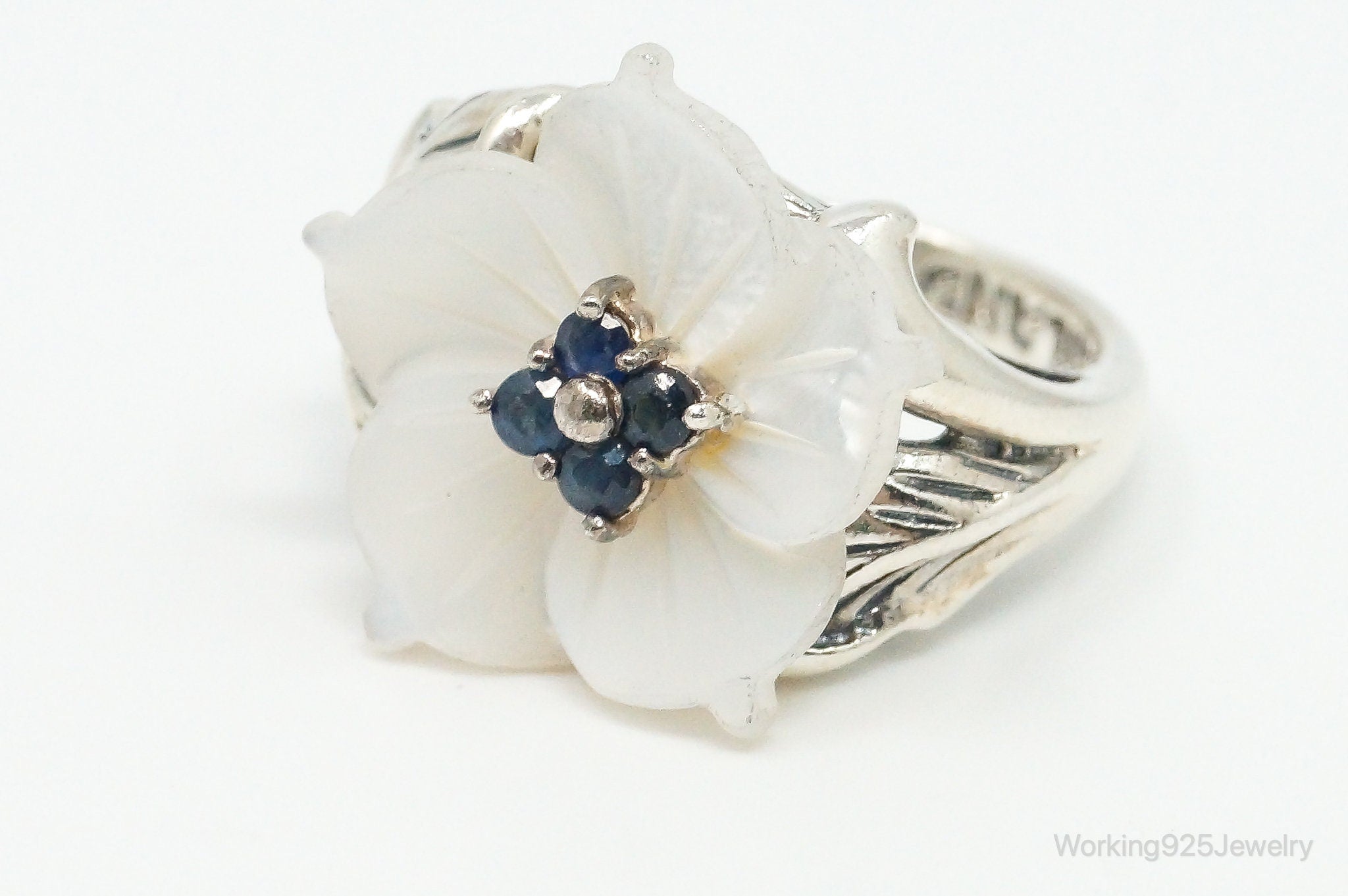 Designer Lee Sands Mother Of Pearl Sapphire Flower Sterling Silver Ring - SZ 5