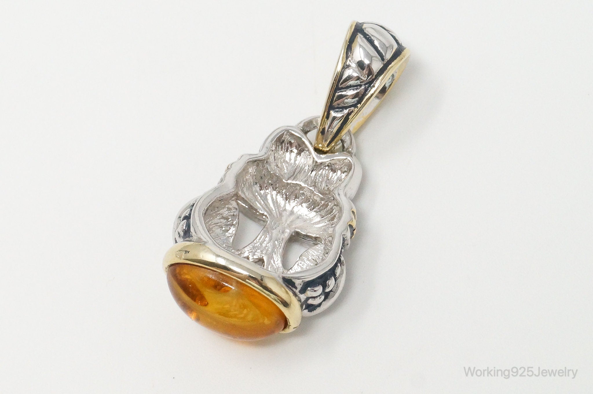 Large Vintage Amber Gold Vermeil Sterling Silver Necklace Pendant