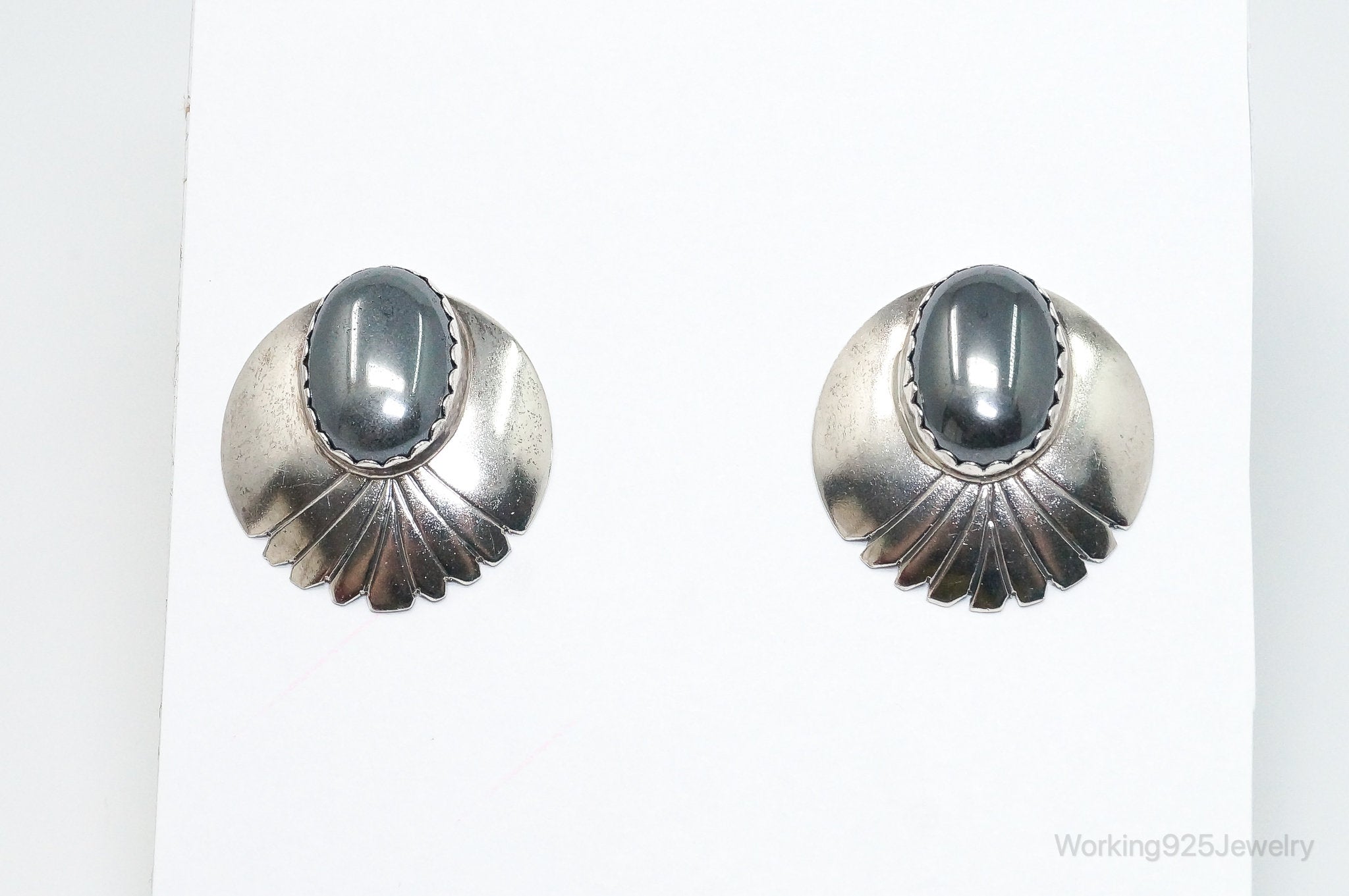 VTG Native American Handmade Fred Peters Hematite Sterling Silver Earrings