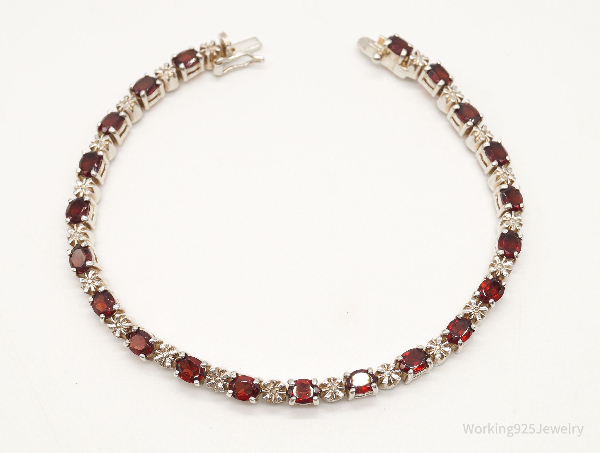 Vintage Garnet 2 Diamond Sterling Silver Bracelet