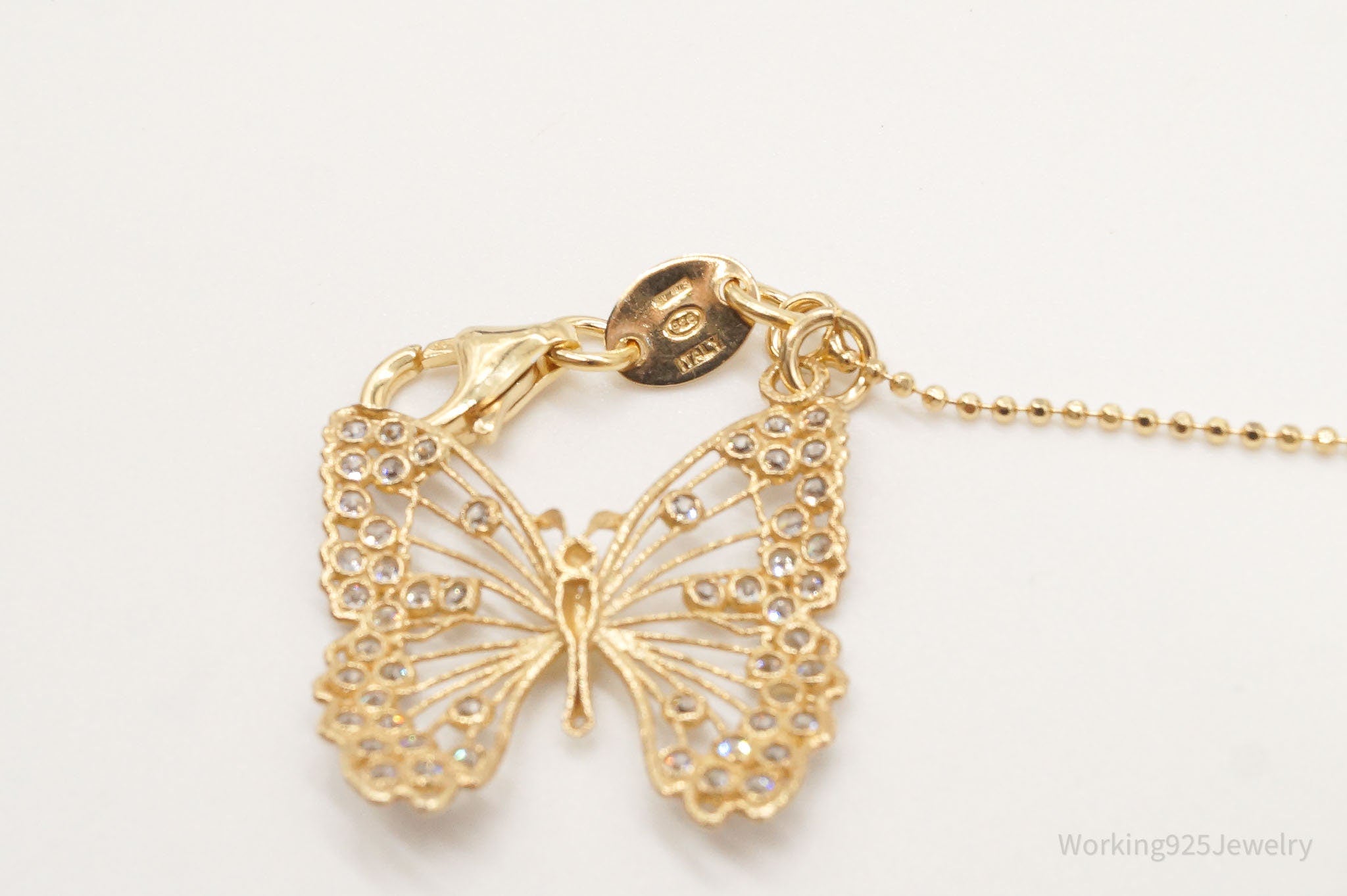 Large Vintage Butterfly Cubic Zirconia Gold Vermeil Sterling Silver Necklace