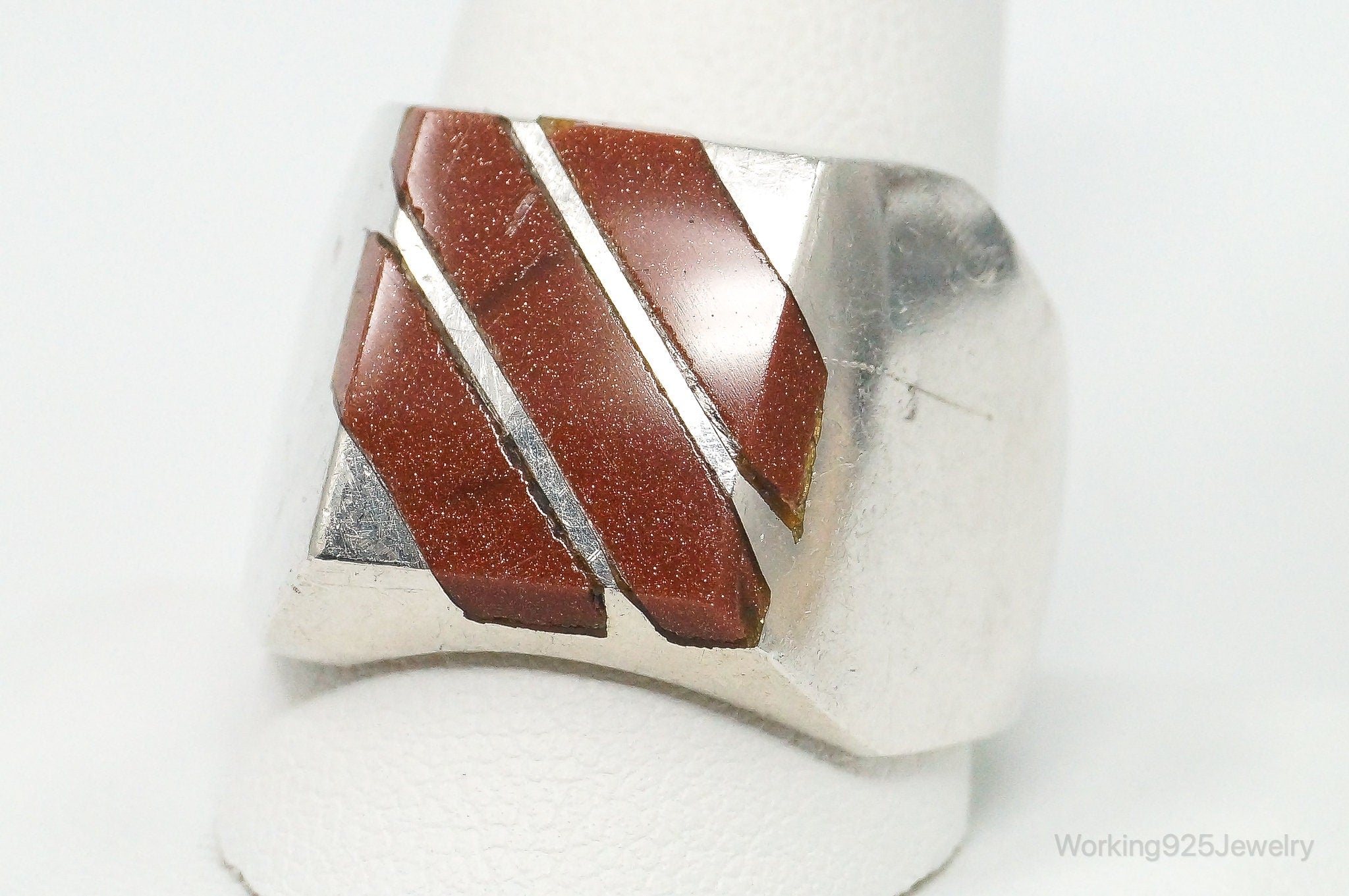 Large Vintage Mexico Goldstone Sterling Silver Ring - Size 11.75