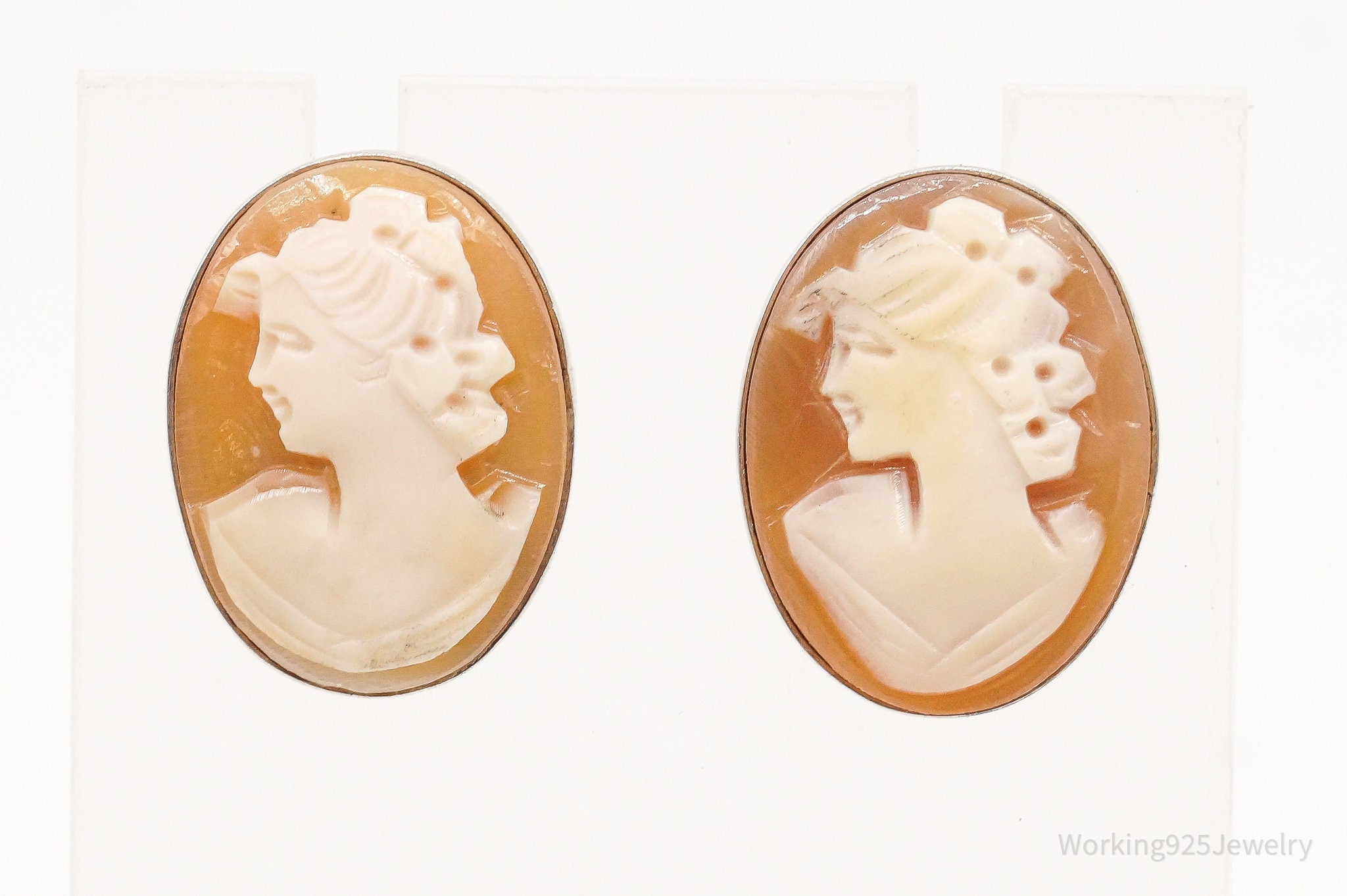 Vintage Carved Shell Woman Cameo Sterling Silver Earrings