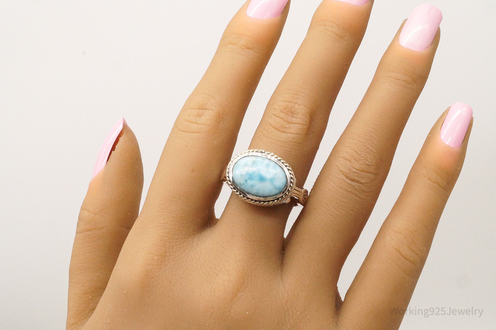 Vintage Ice Blue Larimar Brass Sterling Silver Ring - Size 10