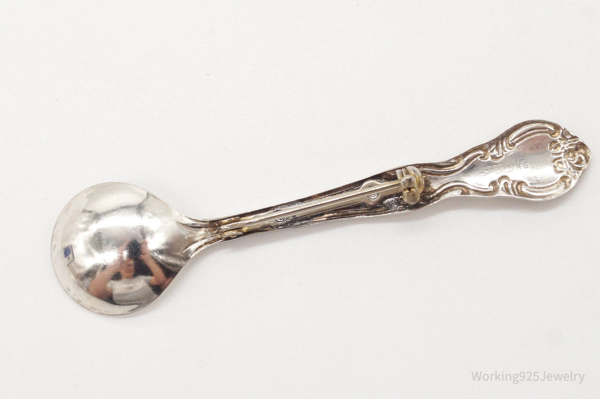 Antique Repousse Sterling Silver Spoon Brooch Pin