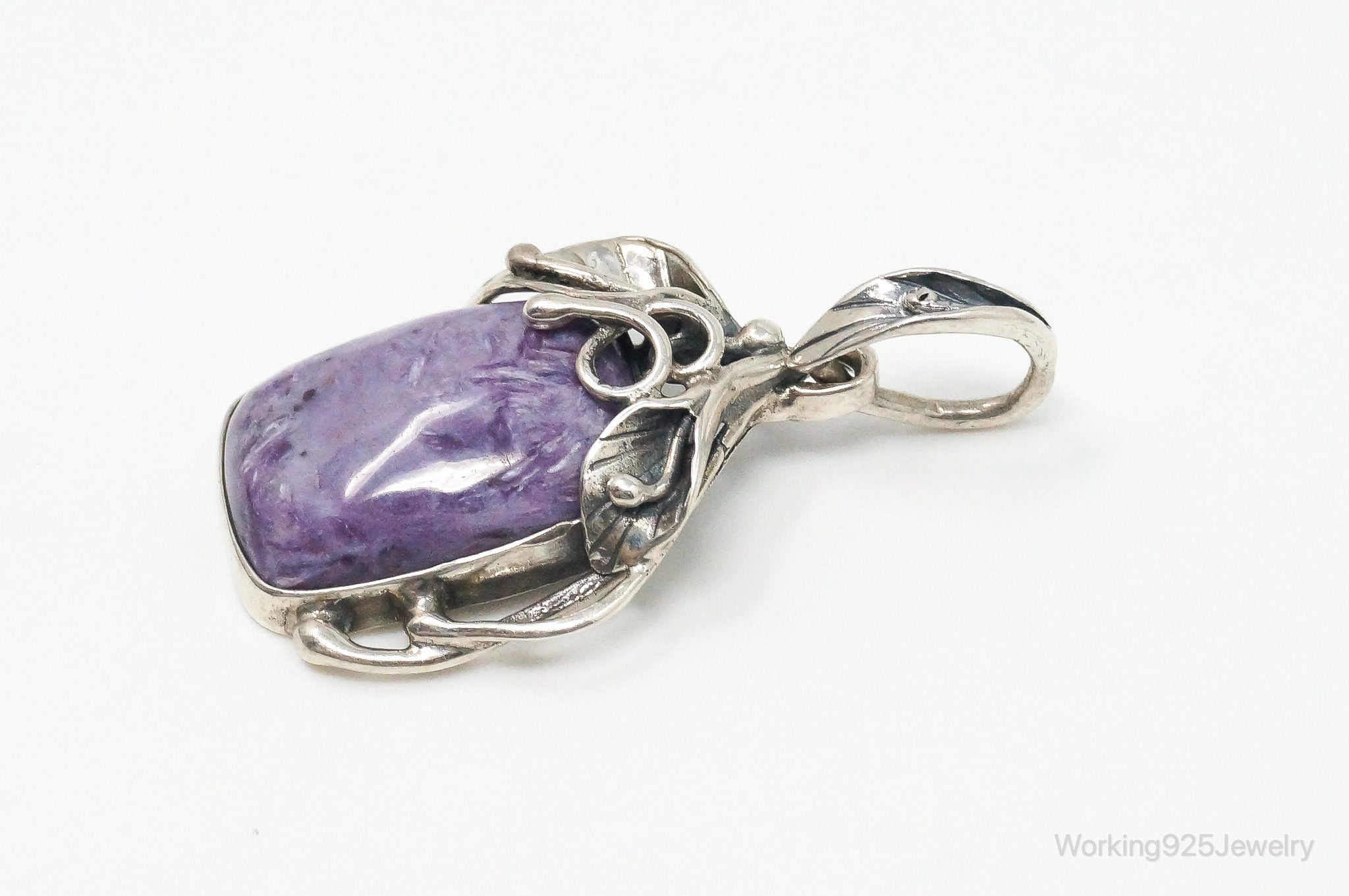 Vintage Large Charoite Sterling Silver Necklace Pendant