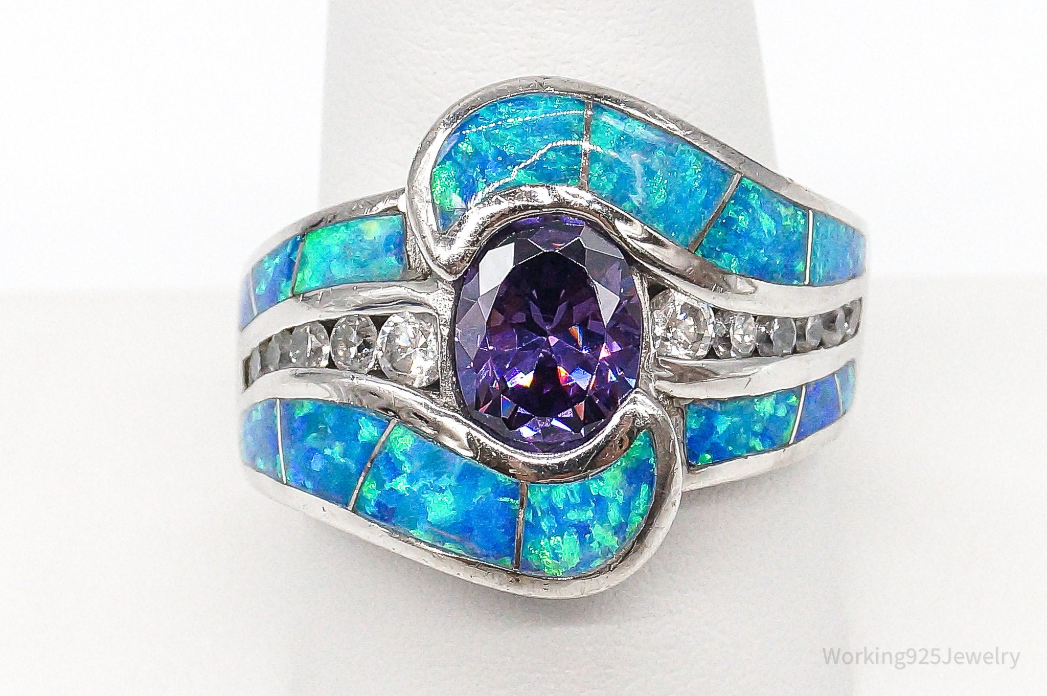 Amethyst Opal Cubic Zirconia Sterling Silver Ring - Size 10.5