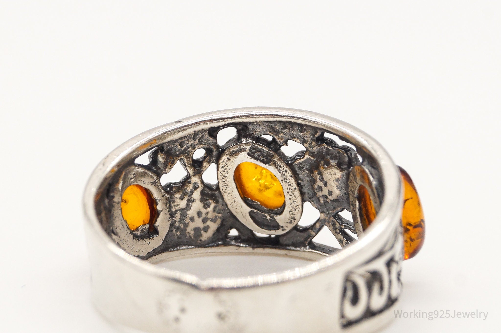 Vintage Baltic Amber Flowers Vines Sterling Silver Ring - Size 6.25