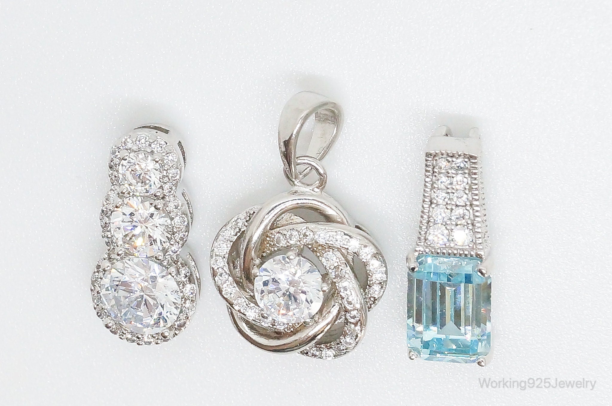 Vintage Blue Topaz & Cubic Zirconia Sterling Silver Necklace Pendants