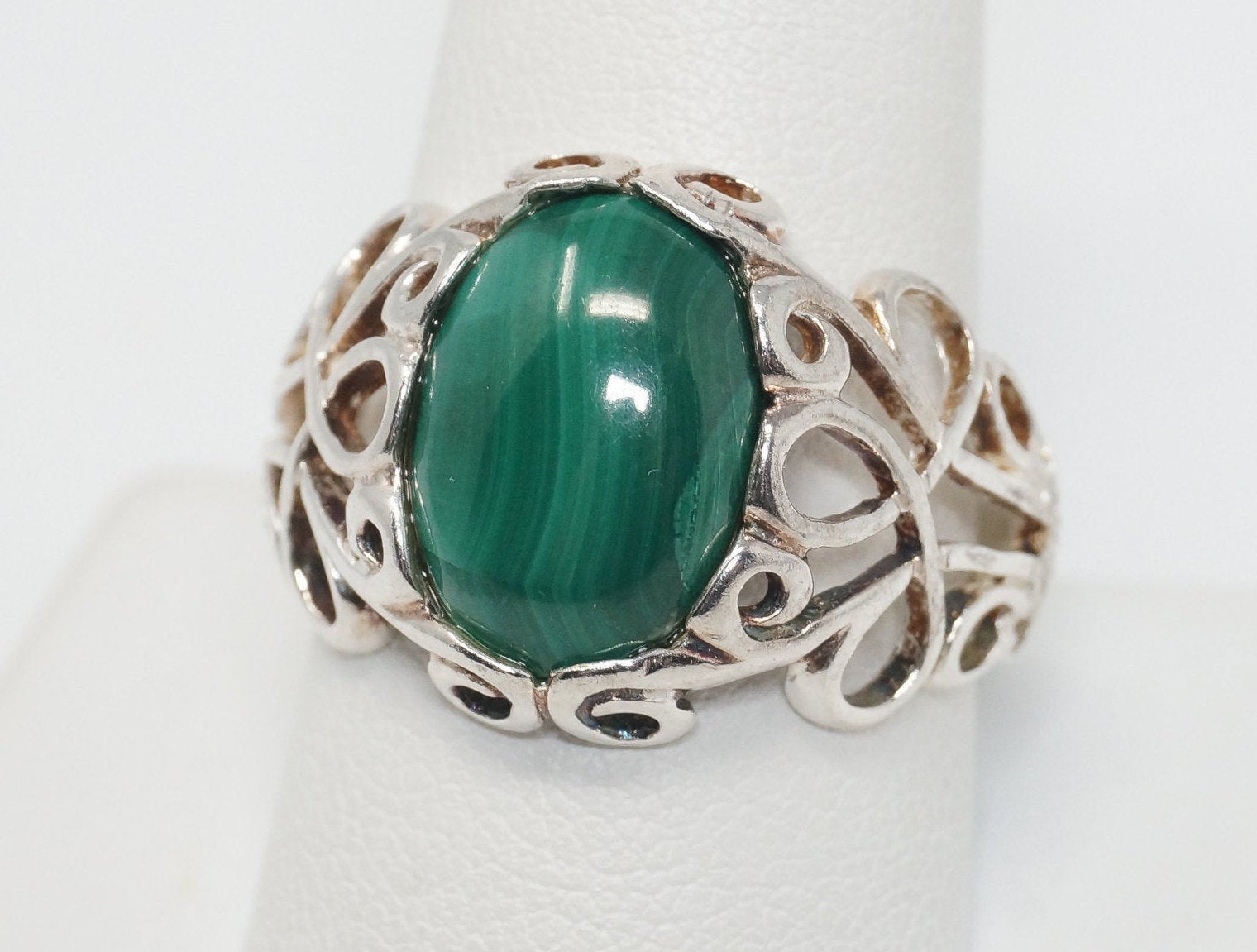 Vintage Designer SCBS Malachite Sterling Silver Ring - Size 10