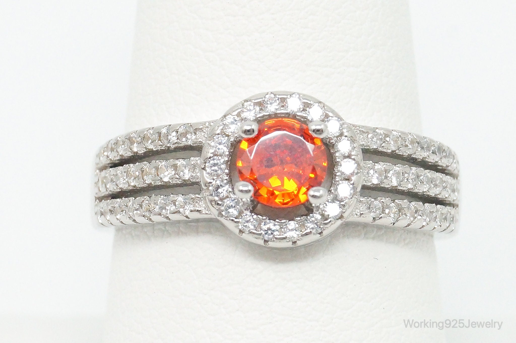 Orange & White Cubic Zirconia Sterling Silver Ring - Size 9