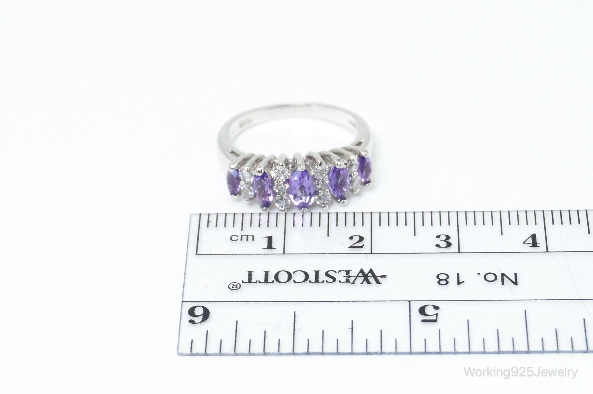 Vintage Art Deco Amethyst Cubic Zirconia Sterling Silver Ring - SZ 5.25