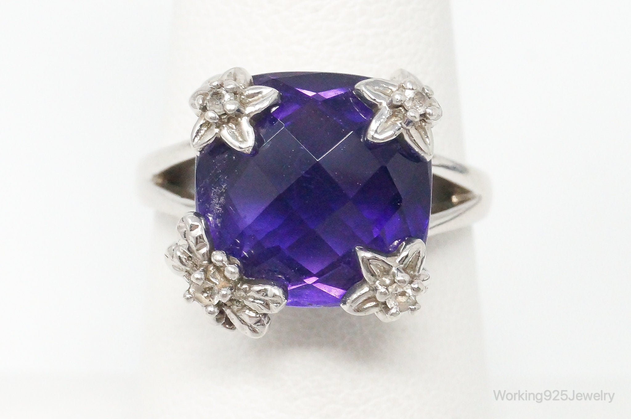 Vintage Large Amethyst Cubic Zirconia Sterling Silver Ring Size 7.25