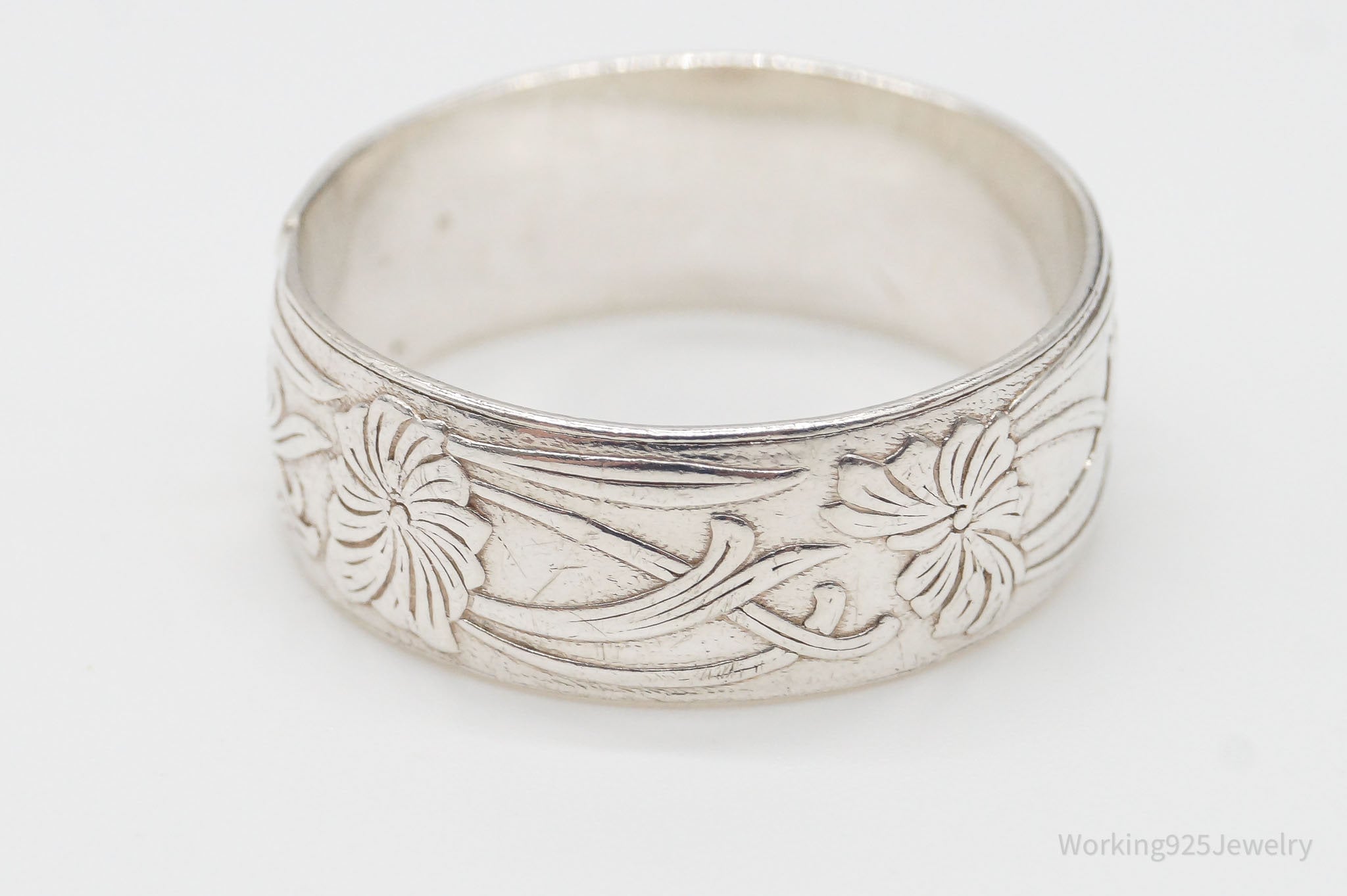 Antique Floral Art Nouveau Silver Band Ring - Size 9.75