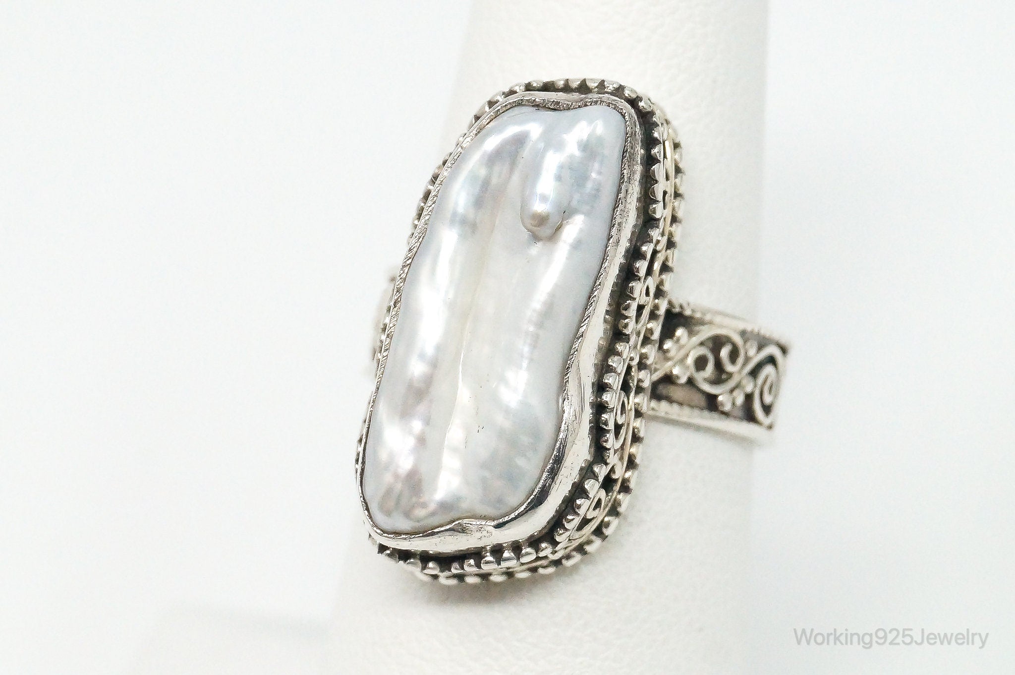 Vintage Bali Style Pearl Sterling Silver Ring - Size 7.25