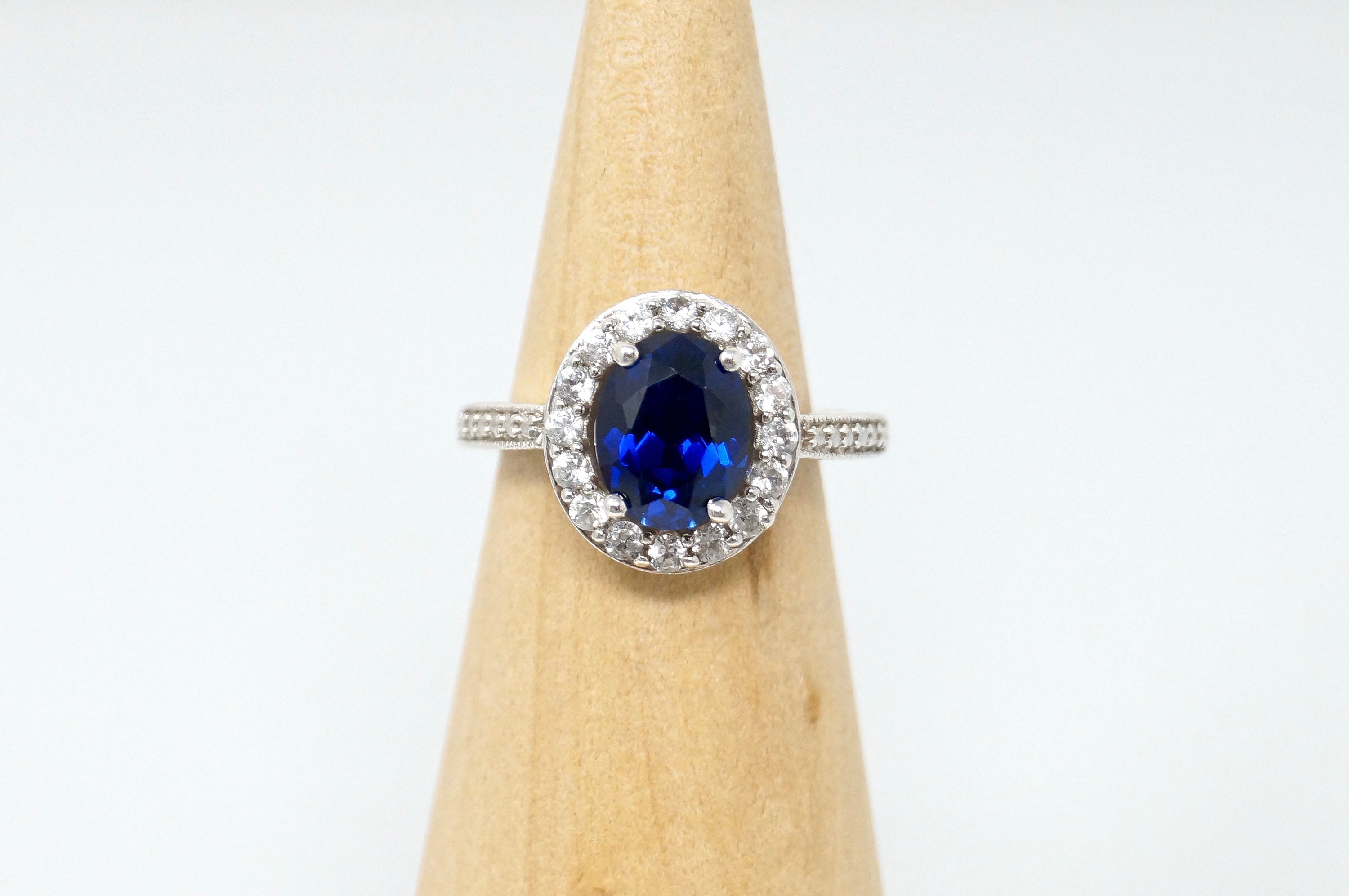 Vintage Art Deco Blue Sapphire Cz Statement Ring Sterling Silver Sz 5.25