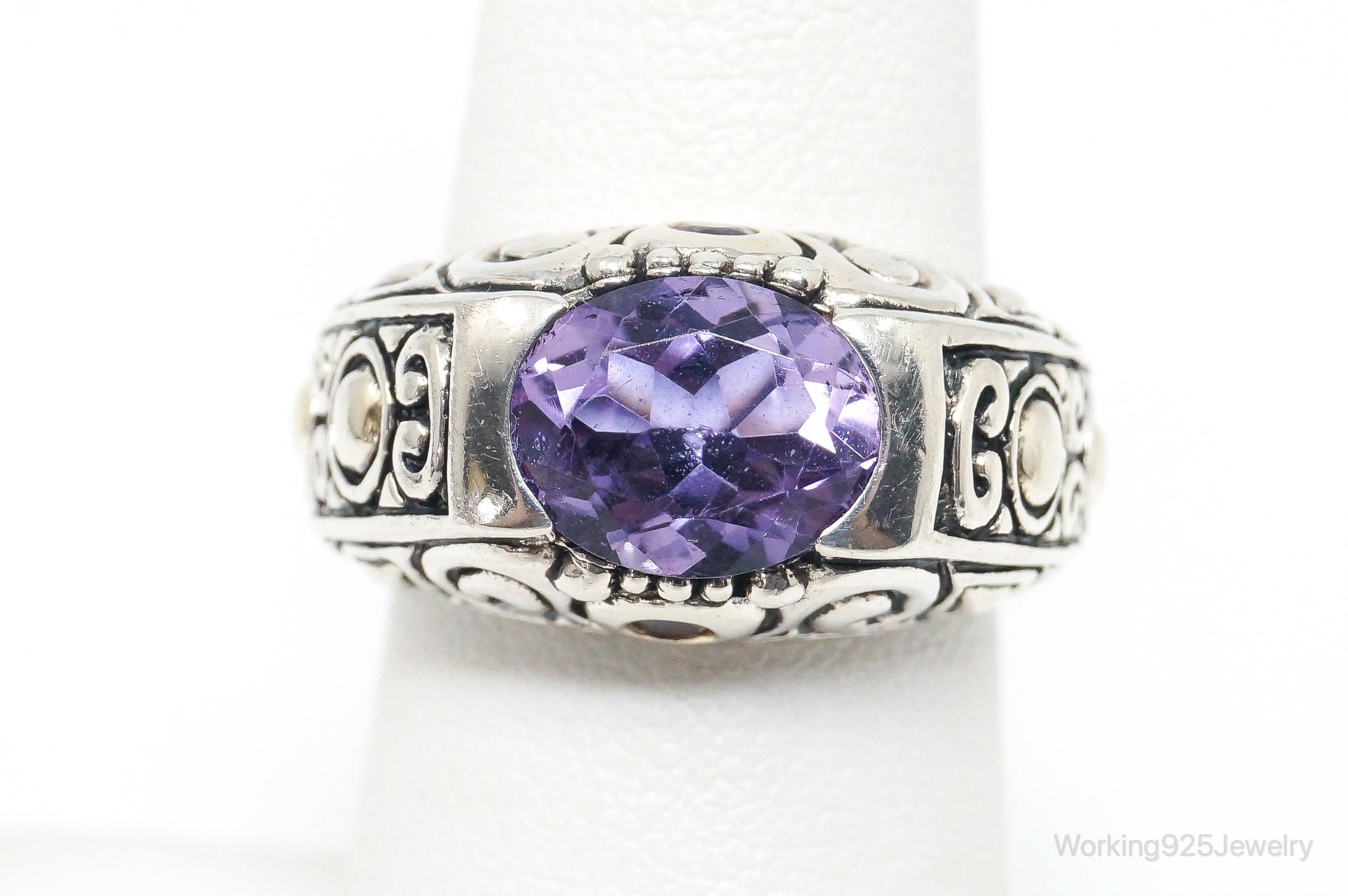 Vintage Designer Art Deco Large Amethyst Sterling Silver Ring - SZ 6.75