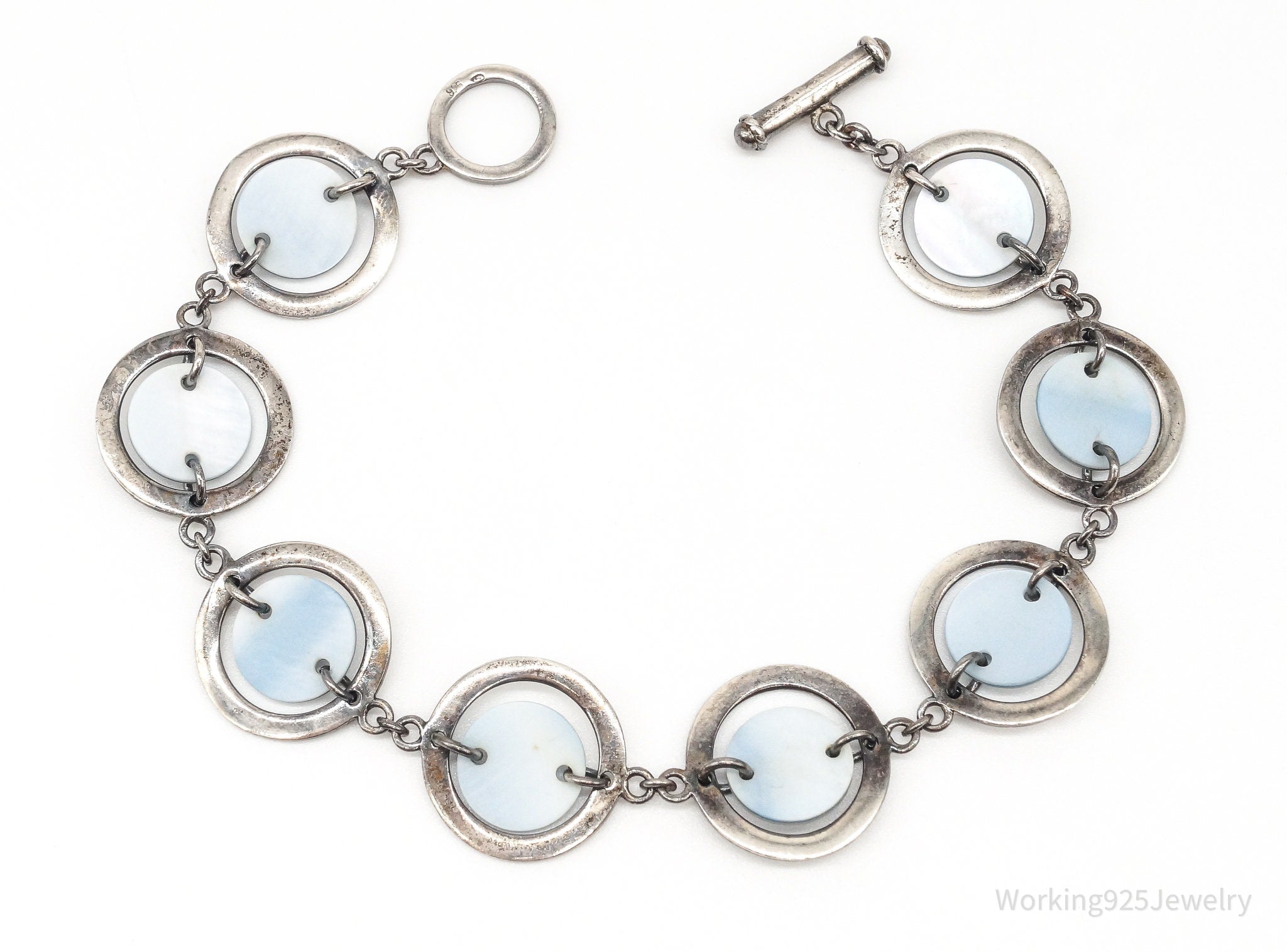 Vintage Blue Mother Of Pearl Sterling Silver Toggle Bracelet