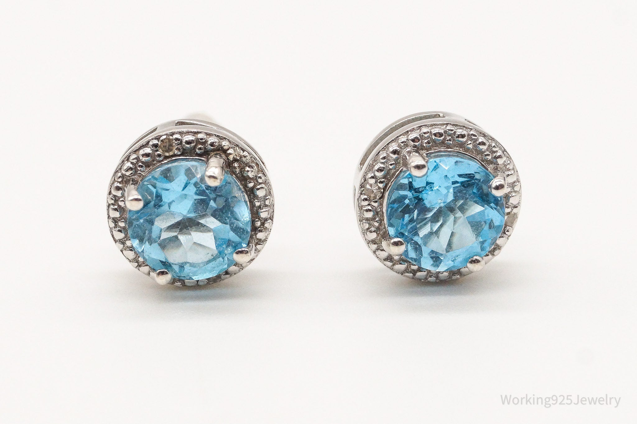 Vintage Blue Topaz 4 Diamond Sterling Silver Earrings