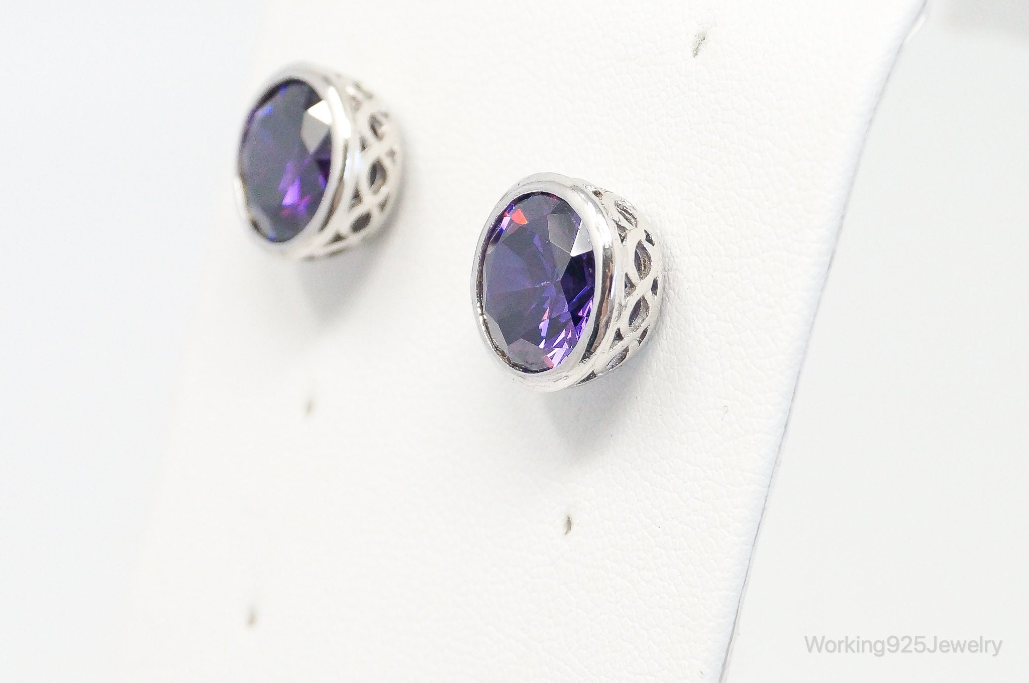 Large Purple Cubic Zirconia Silver Stud Post Earrings