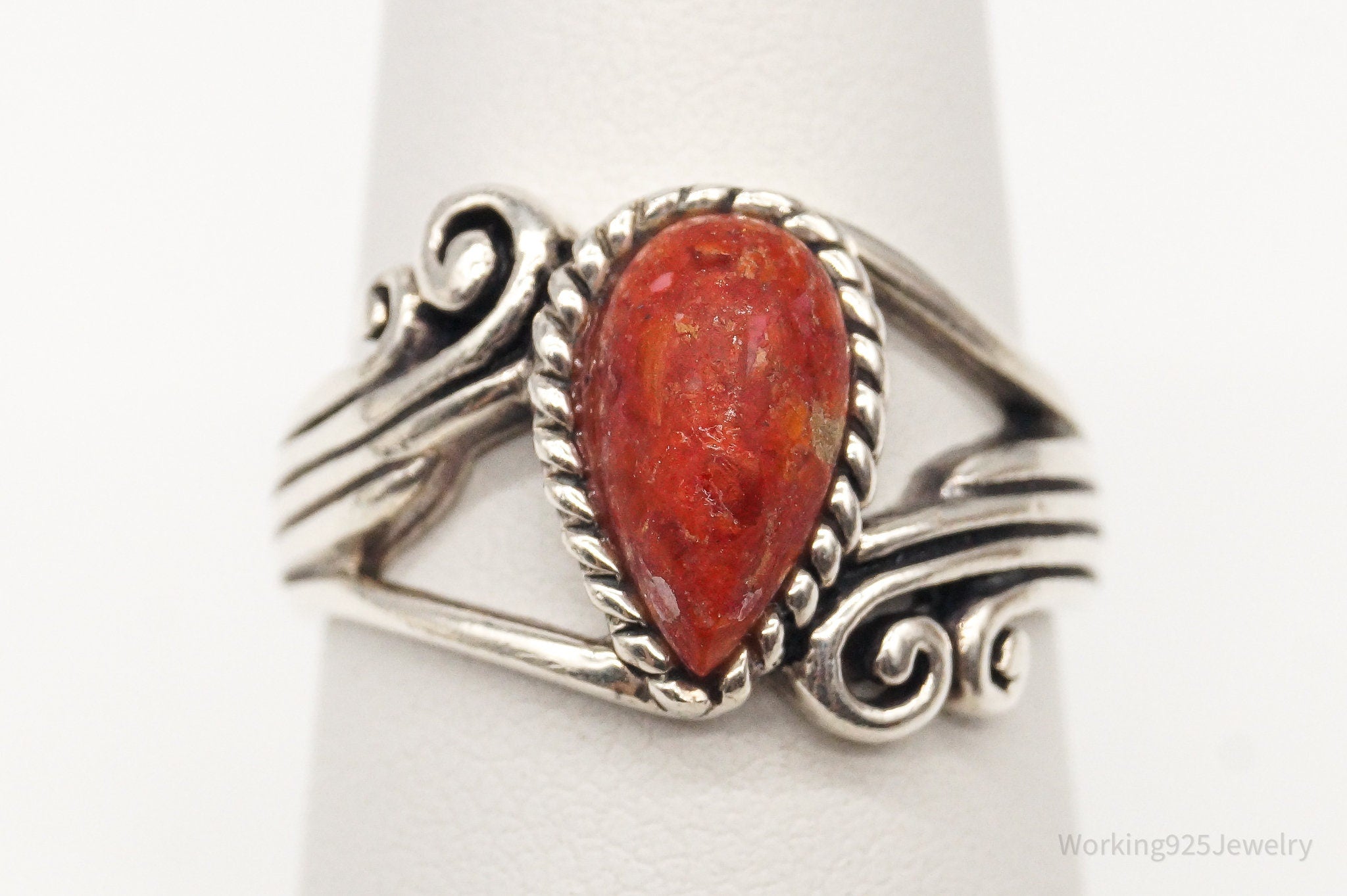 Designer BBJ Red Coral Sterling Silver Ring - Size 6.75