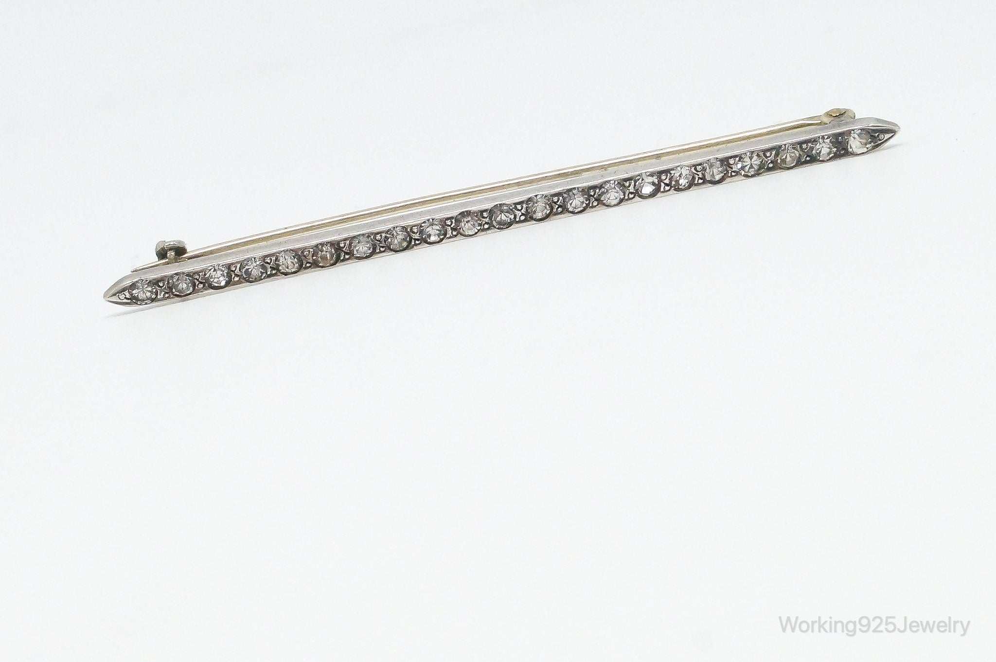 Antique Victorian Clear French Paste Stones Sterling Silver Brooch Pin Bar