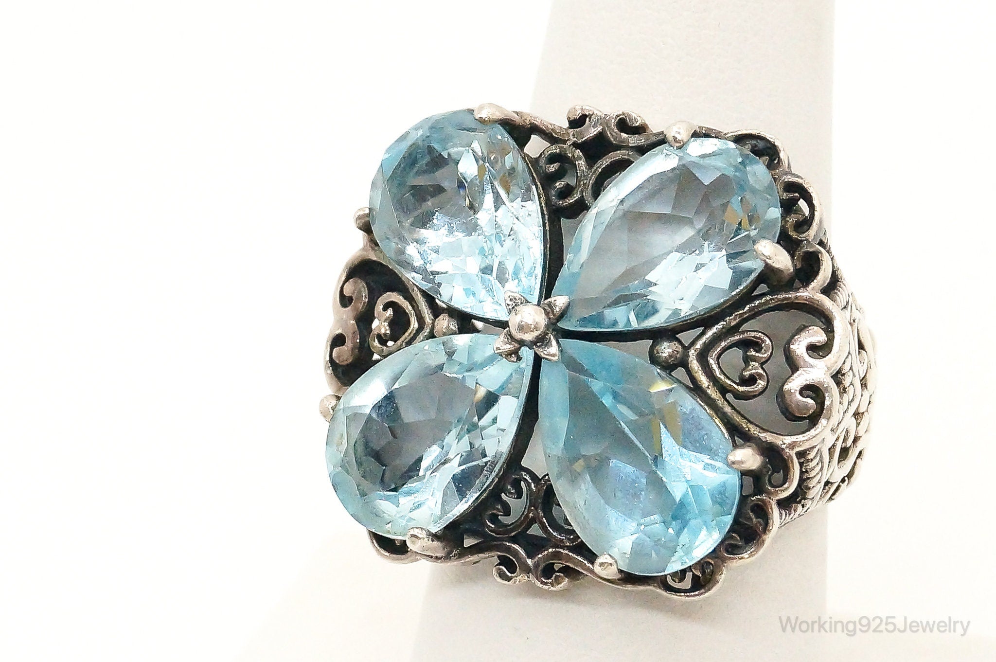 Vintage Blue Topaz Flower Sterling Silver Ring - Size 7