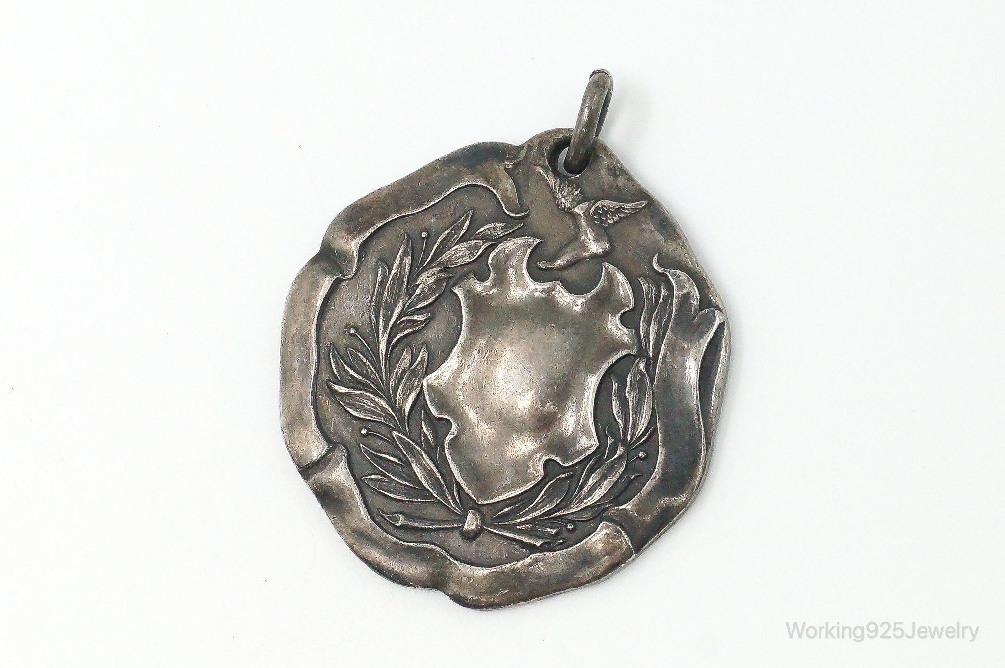 Rare Antique WENDELL & CO Hermes Wreath Shield Sterling Silver Necklace Pendant