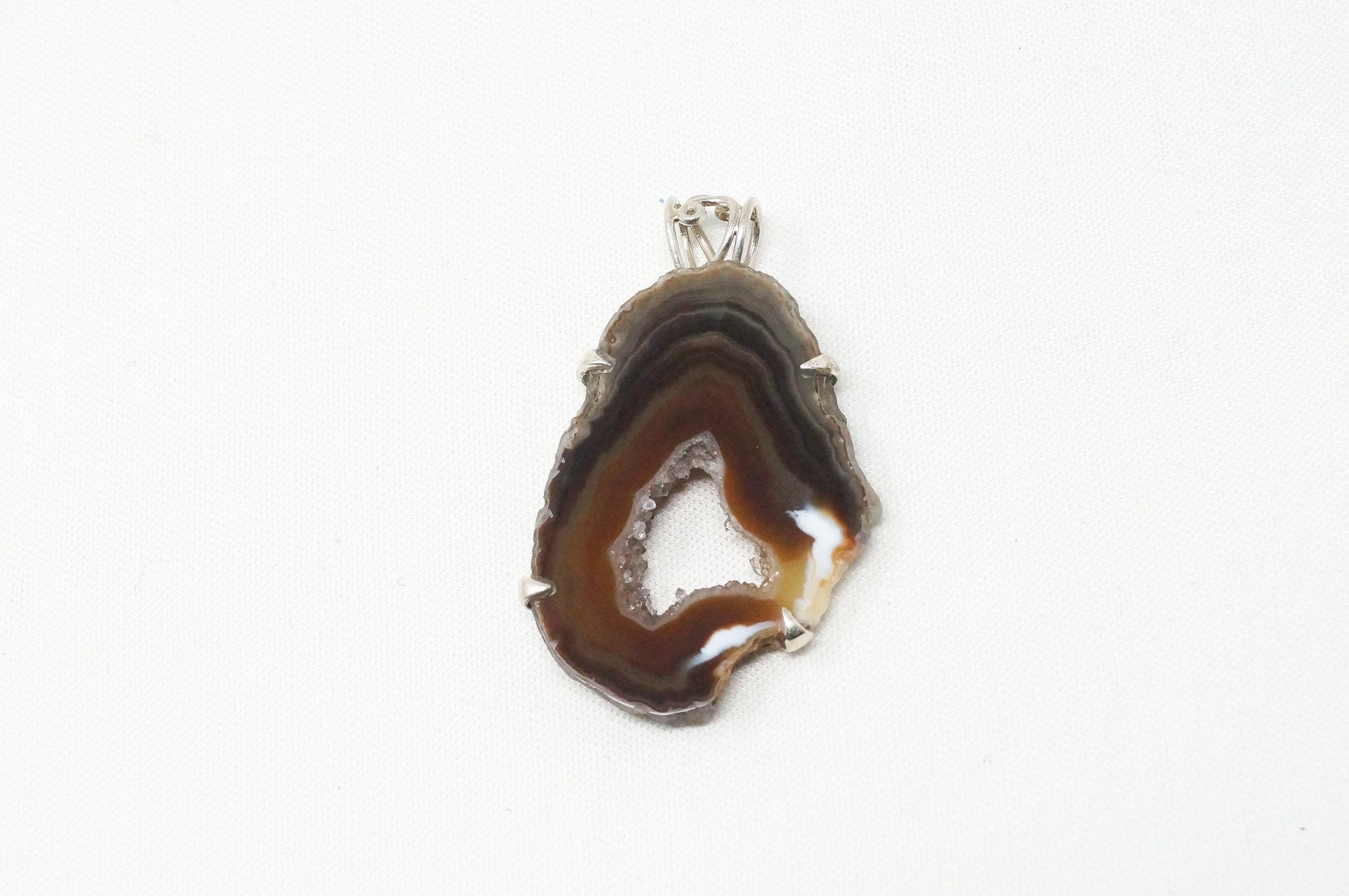 Vintage Large Brown Crazy Lace Agate Sterling Silver Necklace Pendant