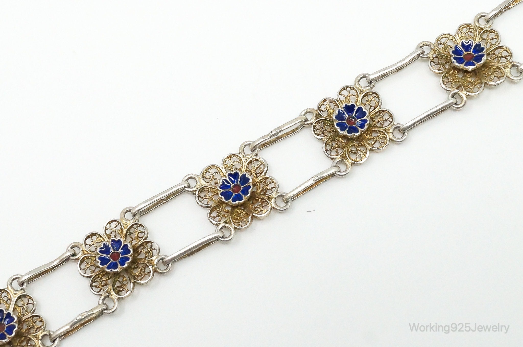 Antique Enamel Flowers 835 Silver Filigree Bracelet