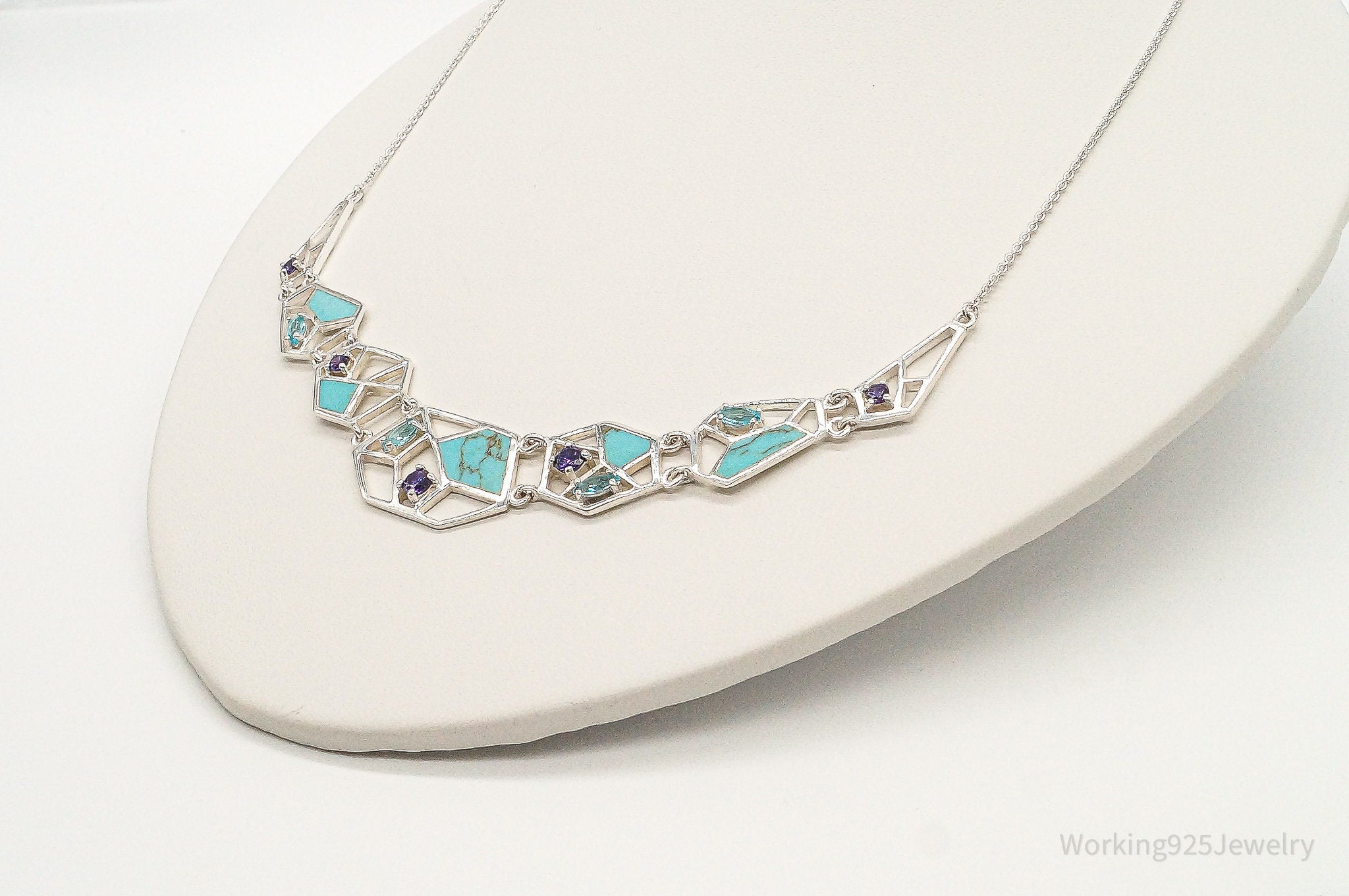 Amethyst Blue Topaz Turquoise Modernist Sterling Silver Necklace