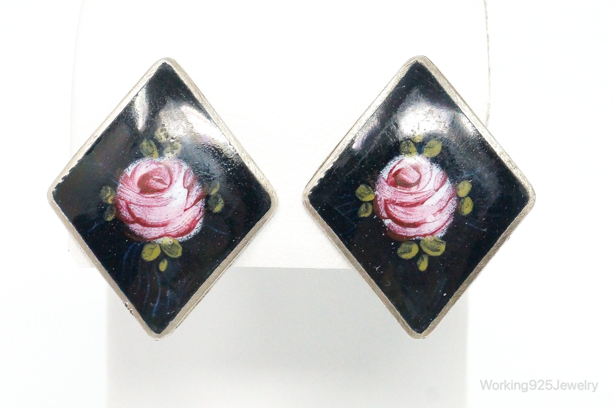 Antique Rose Picture Sterling Silver Screw Back Earrings