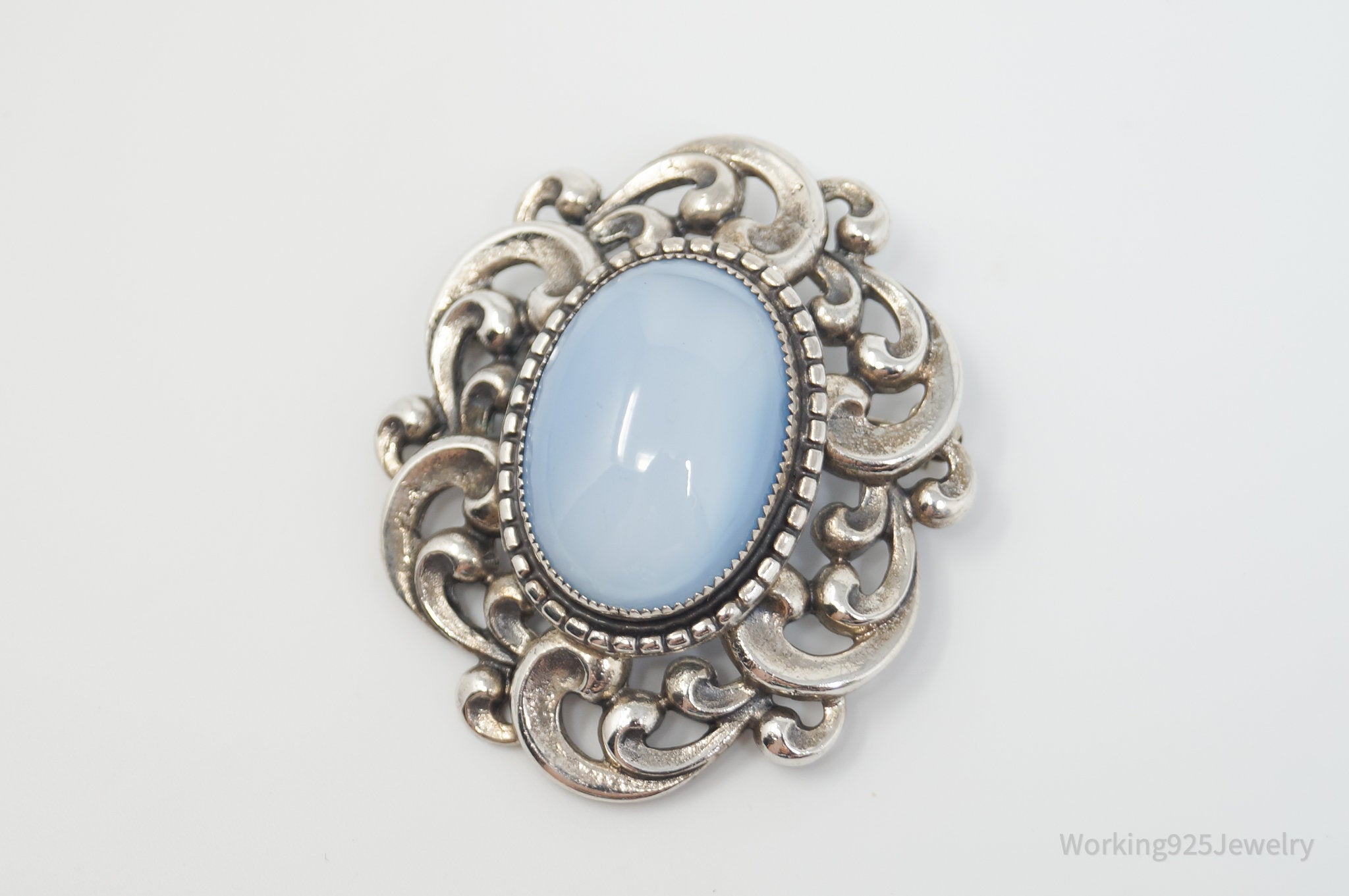 Vintage 1950s Danecraft Blue Opalite Stone Sterling Silver Pendant Pin Brooch