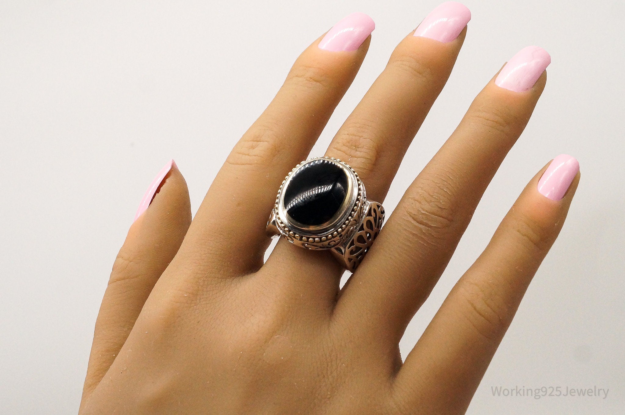 Vintage Designer FD Large Black Onyx Brass Sterling Silver Ring - Size 9