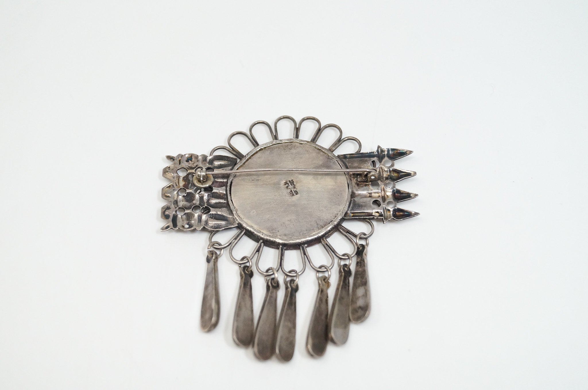 Large Vintage Mexico Handmade Aztec Dangle Silver Brooch Pin