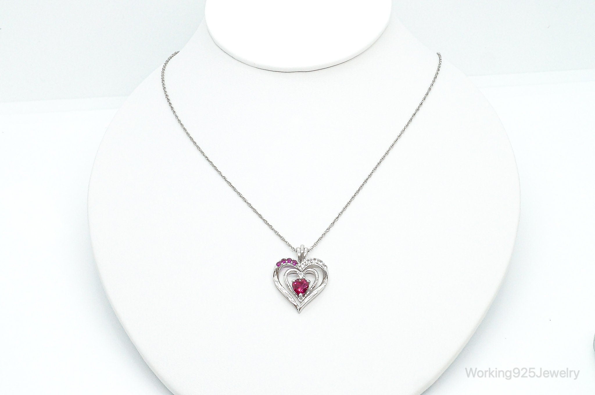 Designer Ruby Cubic Zirconia Heart Sterling Silver Necklace