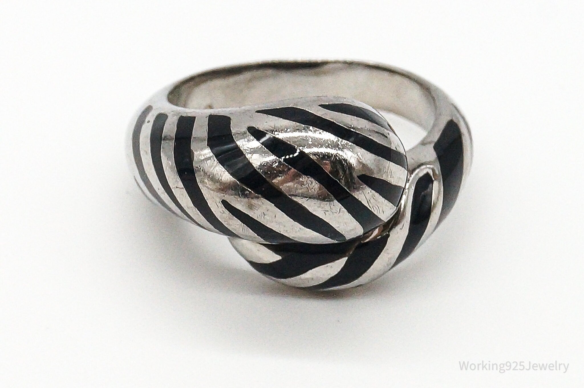 Vintage Black Enamel Zebra Stripes Design Sterling Silver Ring - Size 9