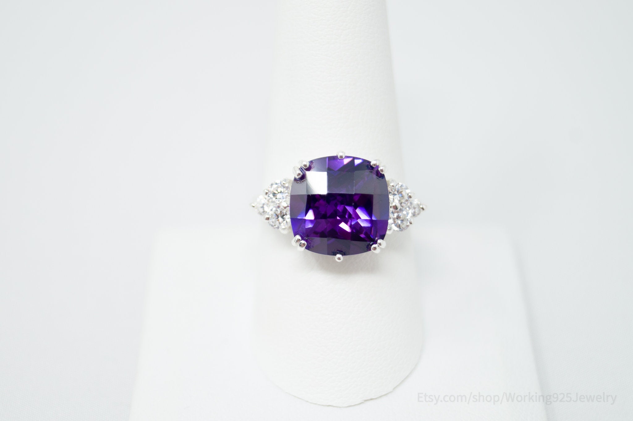 Vintage Art Deco Style Amethyst CZ Statement Ring Sterling Silver - Sz 9