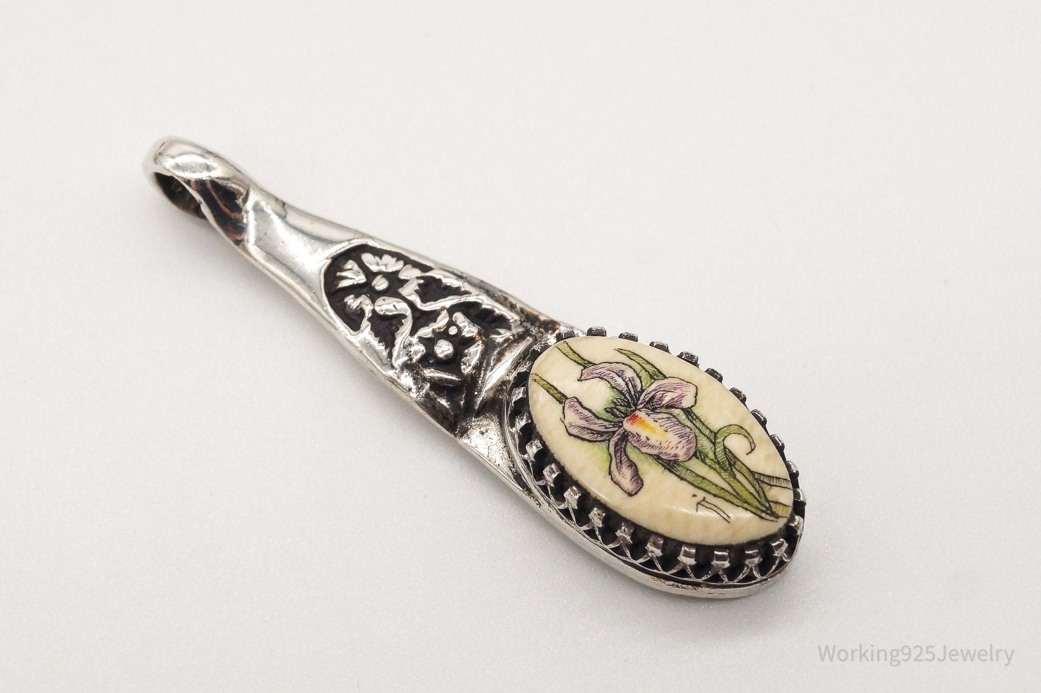 Antique Hand Painted Flower Faux Bone Sterling Silver Pendant