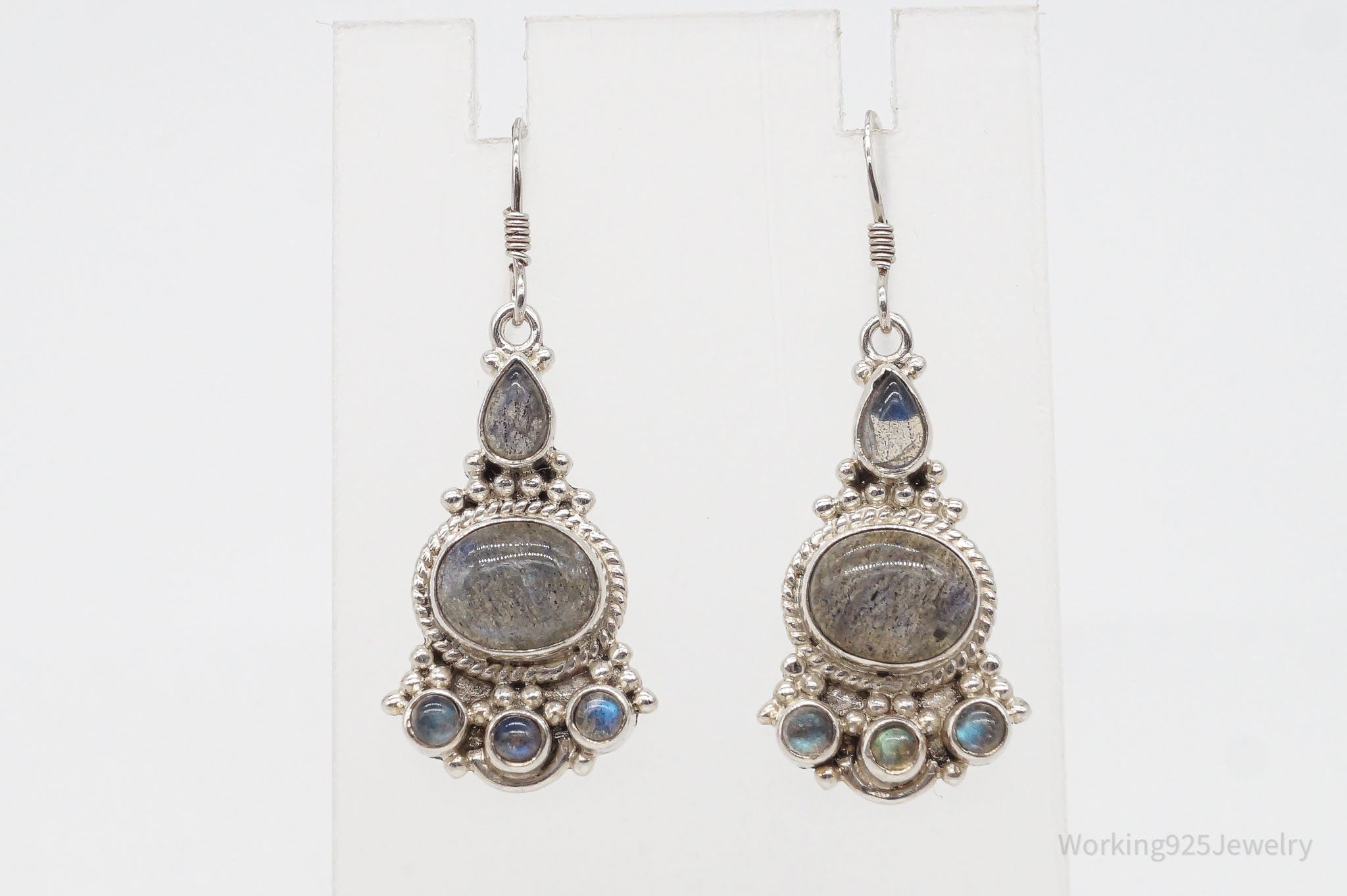 Vintage Labradorite Bali Inspired Filigree Sterling Silver Earrings