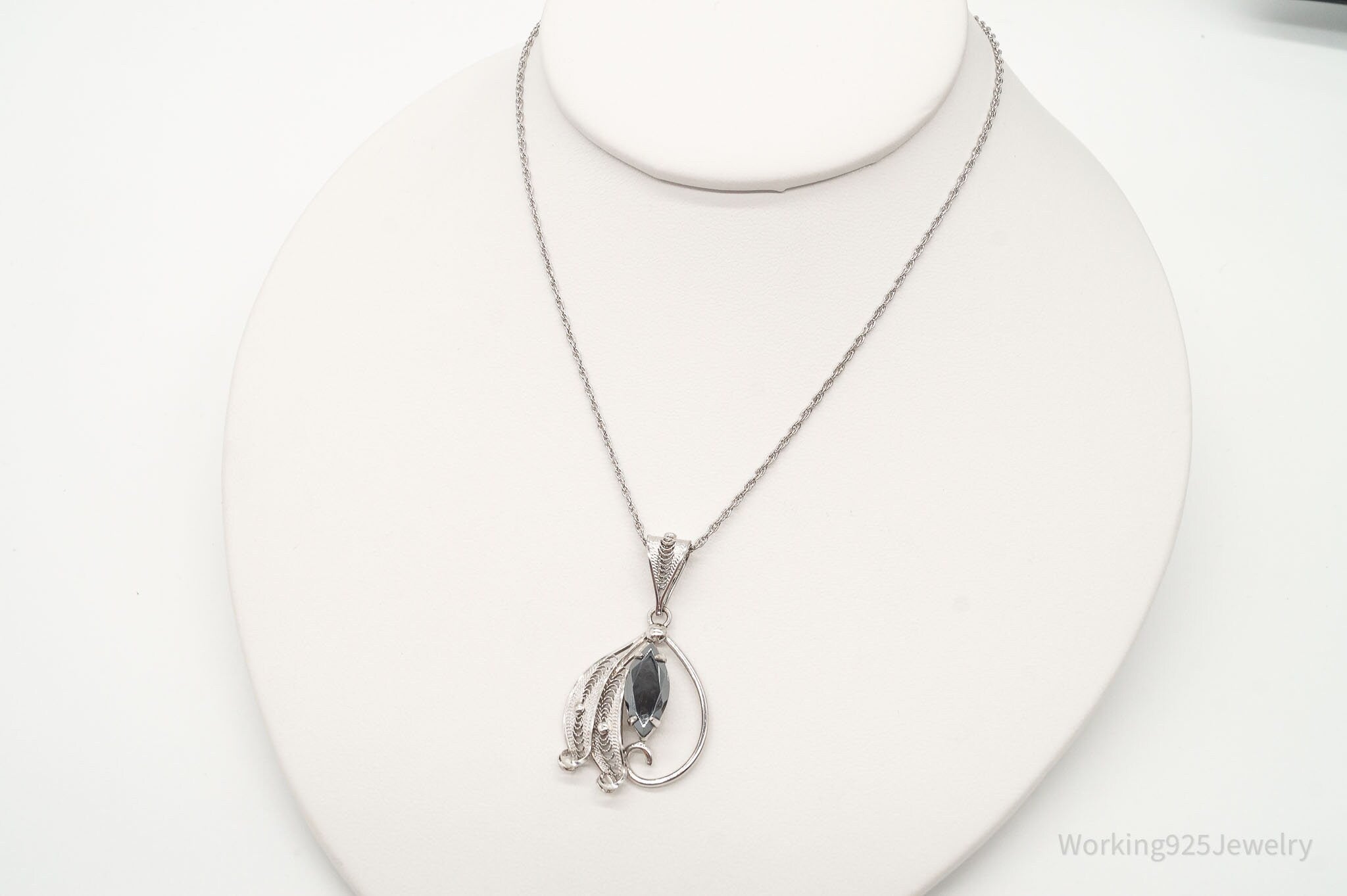 Vintage Designer Sorrento Hematite Filigree Sterling Silver Necklace