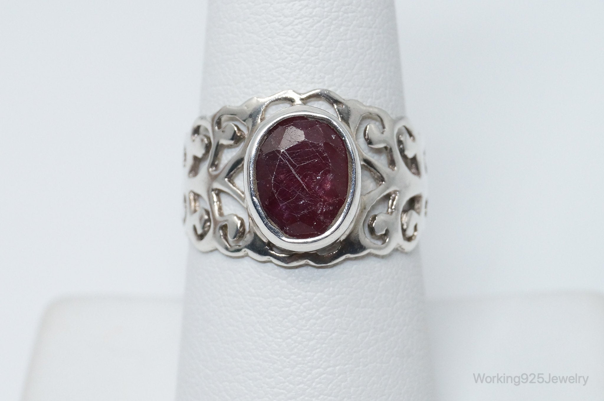 Vintage Art Deco Ruby Scroll Sterling Silver Ring - Size 8