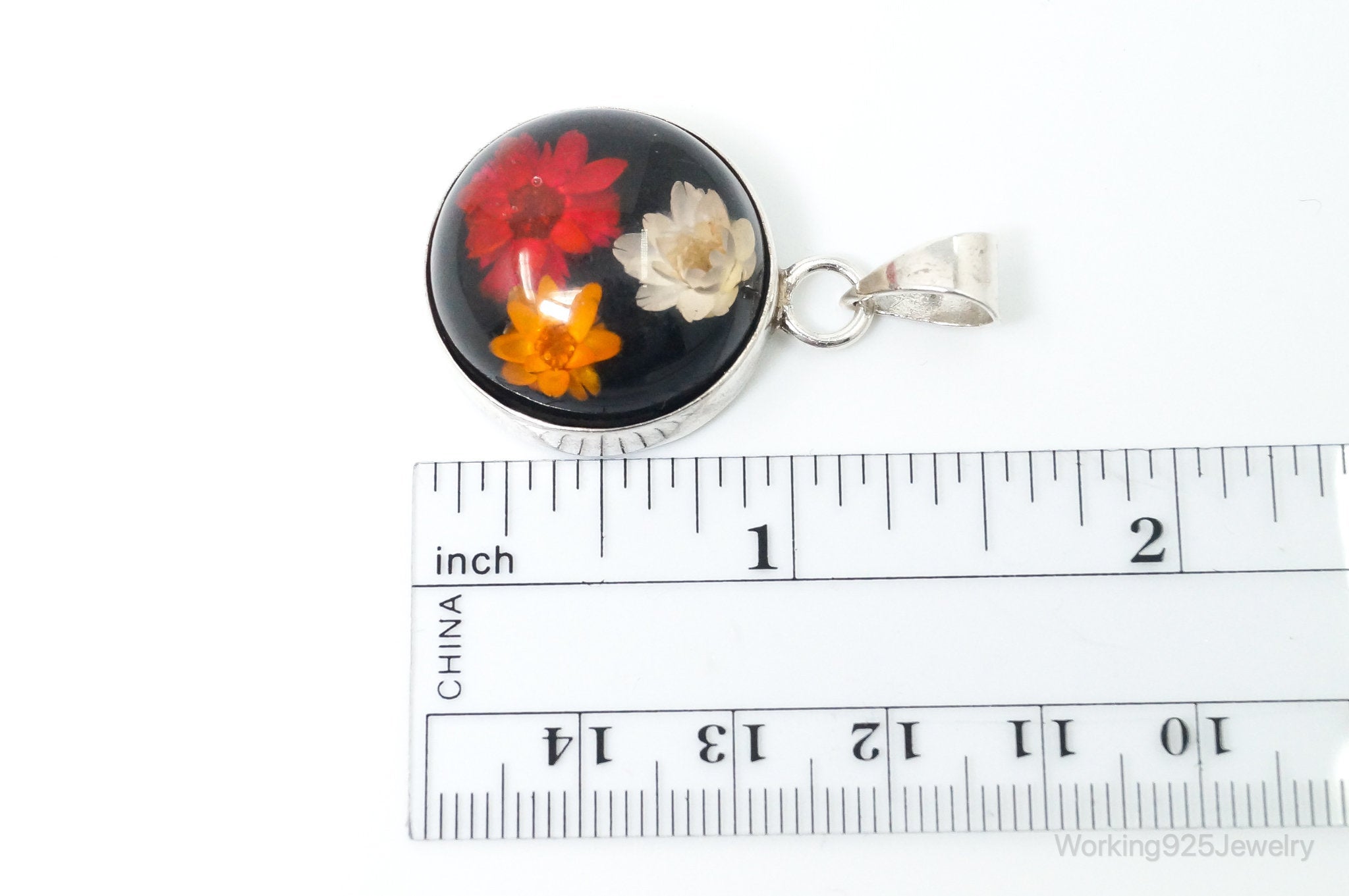 Vintage Glass Real Flowers Sterling Silver Necklace Pendant