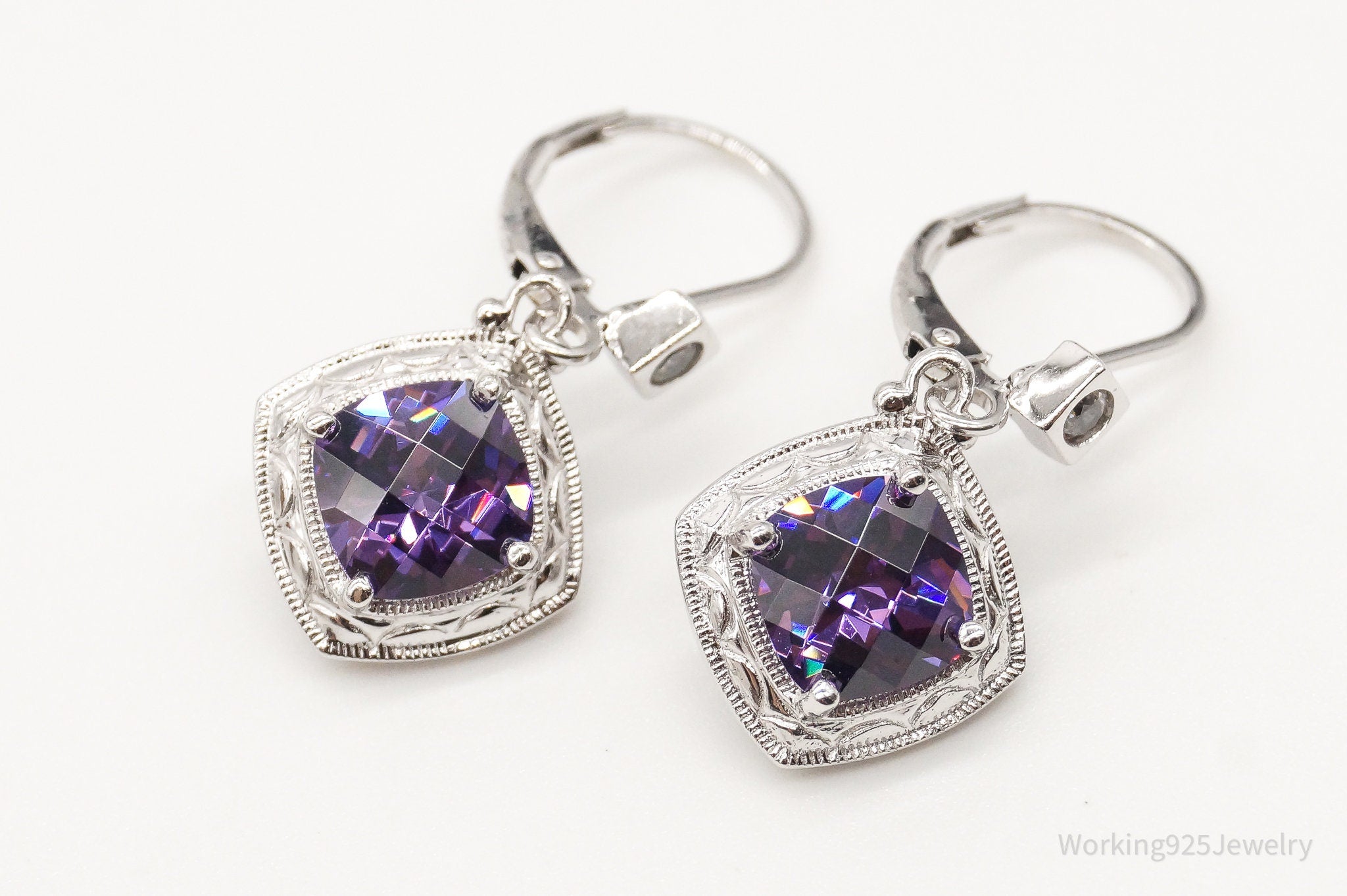 Vintage Designer Purple & White Cubic Zirconia Sterling Silver Earrings