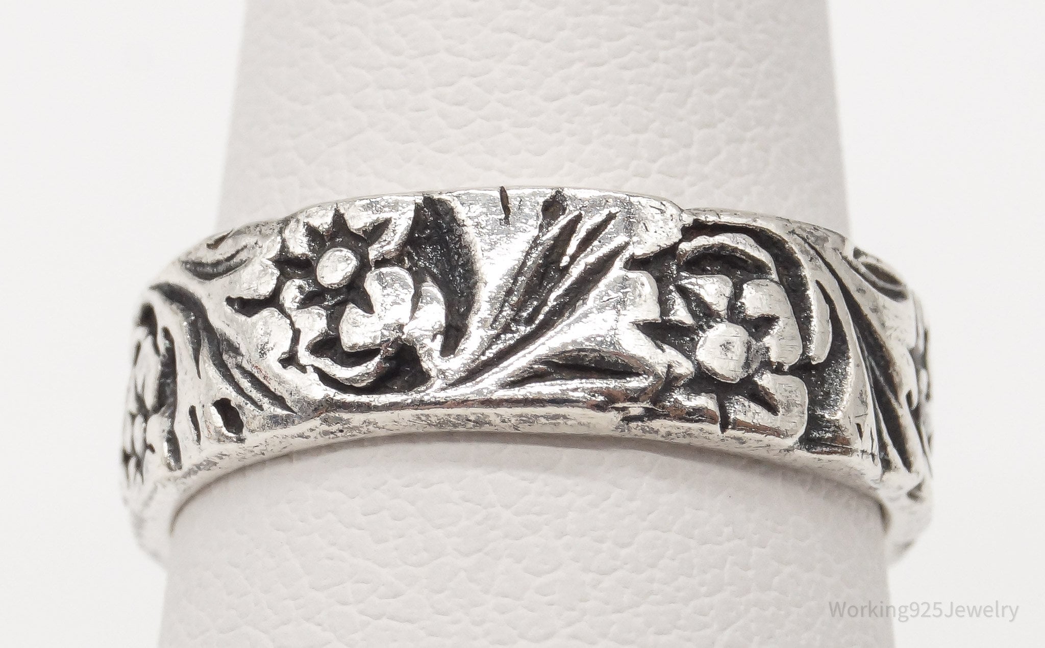 Vintage Art Nouveau Floral Sterling Silver Band Ring Size 5.25