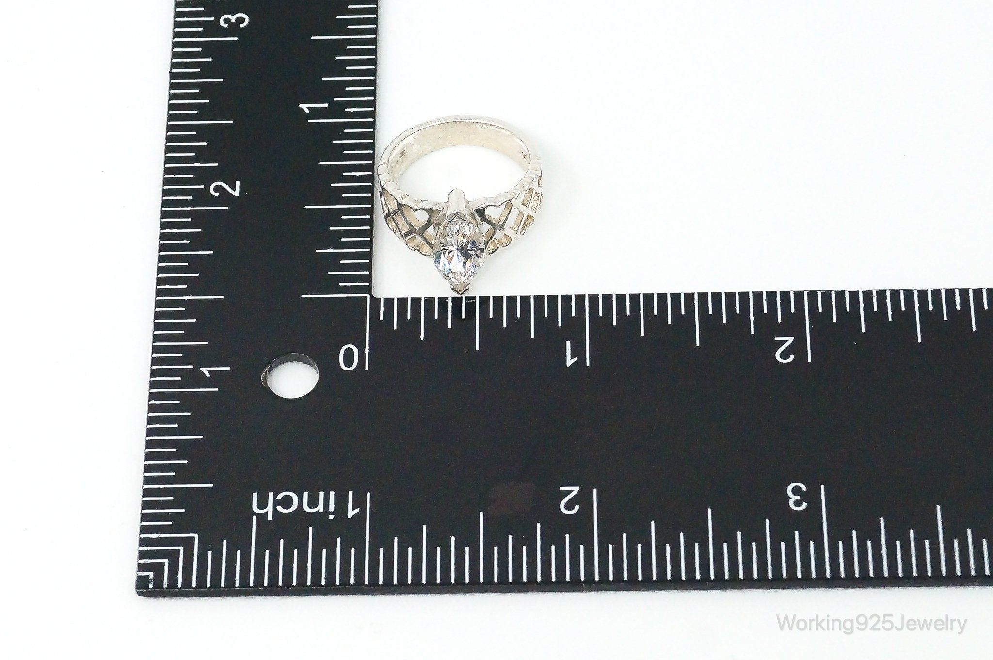 Vintage Large Cubic Zirconia Hearts Sterling Silver Ring Size 6