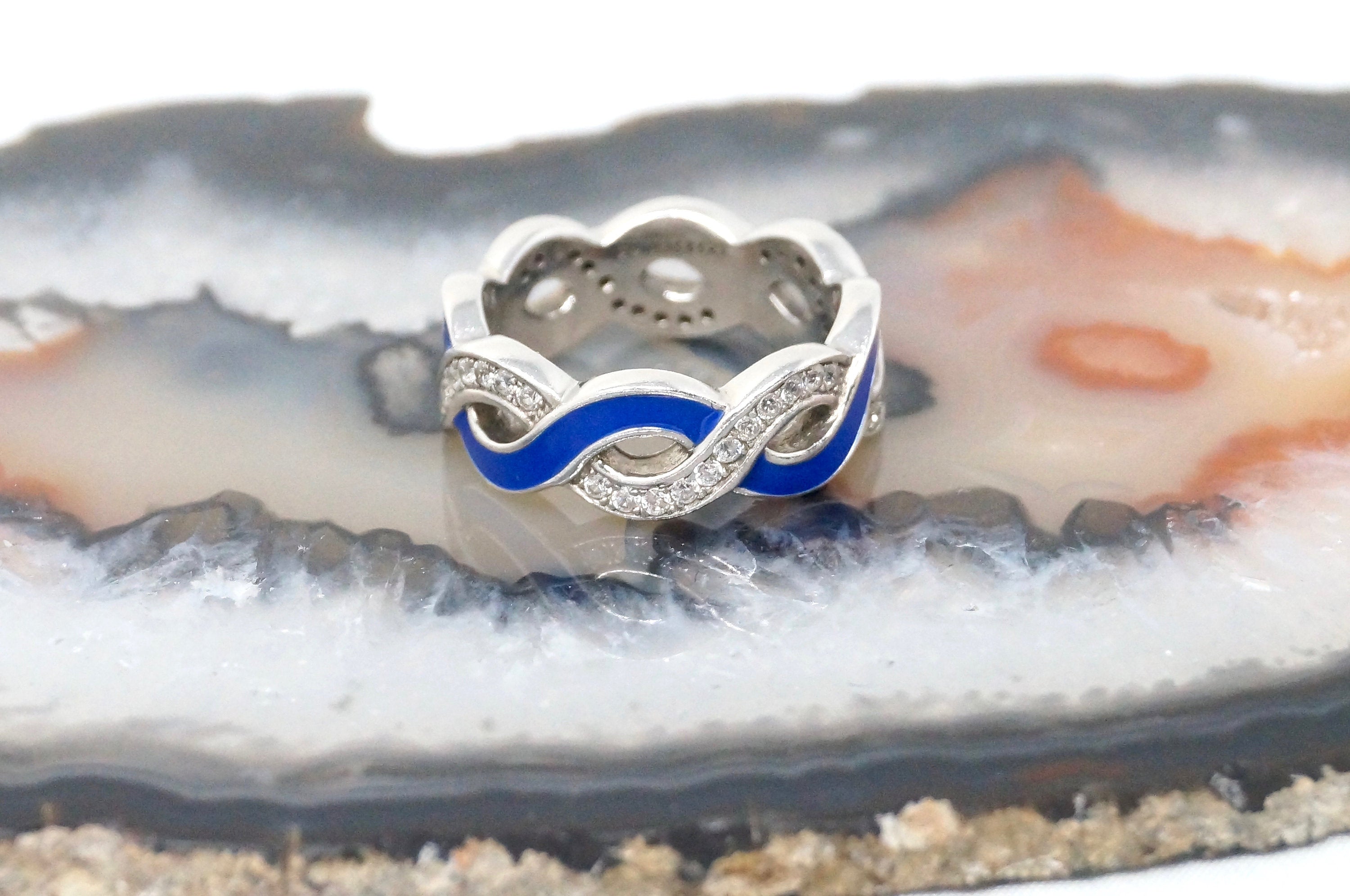 Designer Vintage Blue Enamel CZ Accented Sterling Silver Wave Ring - Size 5